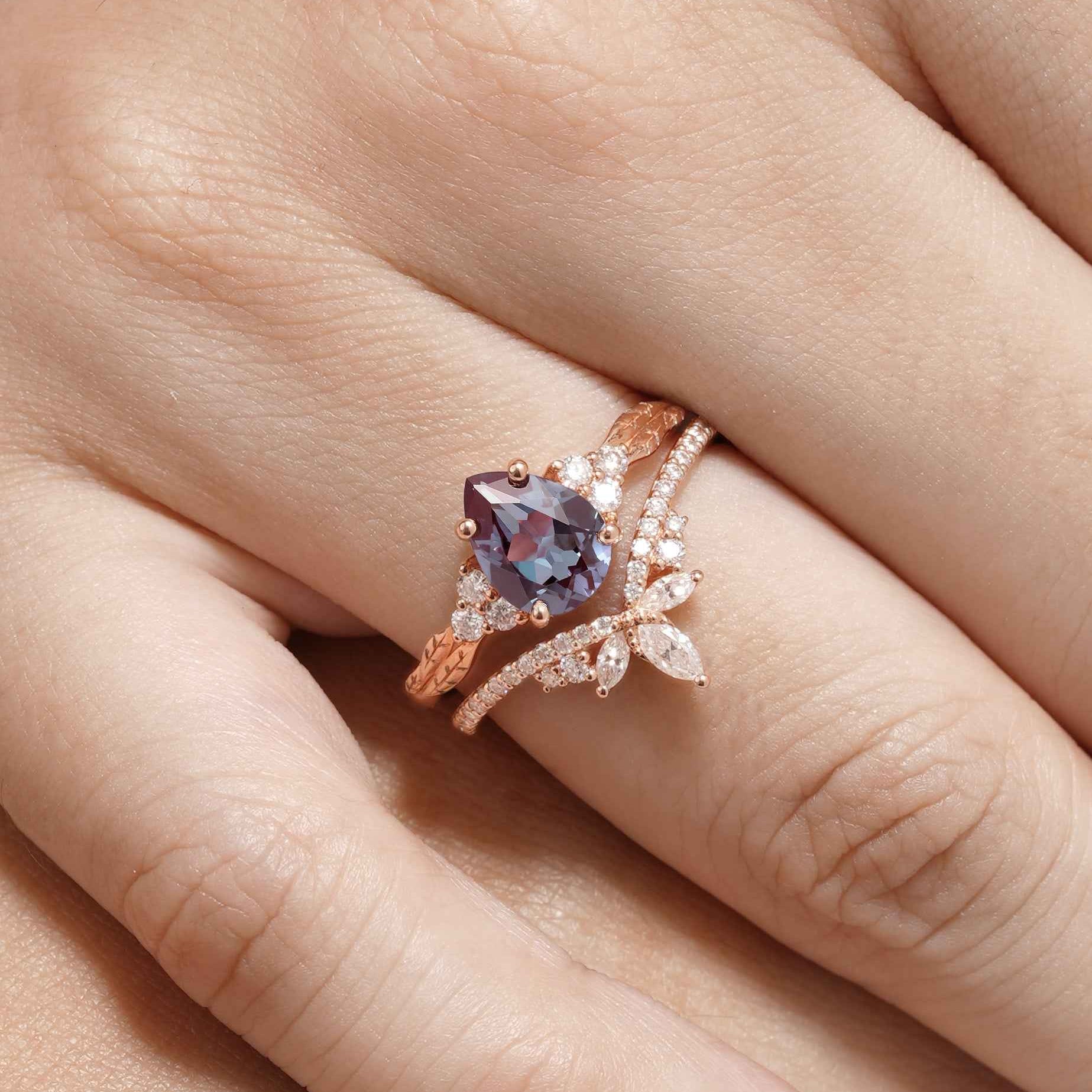 Classic Pear Cut Alexandrite Engagement Ring Set Half Eternity Moissanite Wedding Band