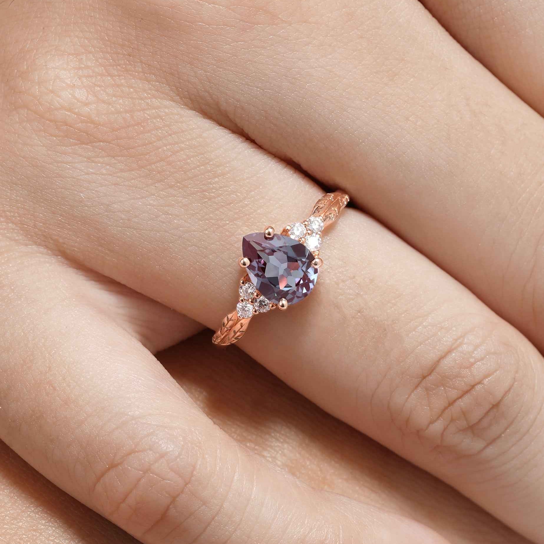 Nature Inspired Leafy Pear Cut Alexandrite Engagement Ring