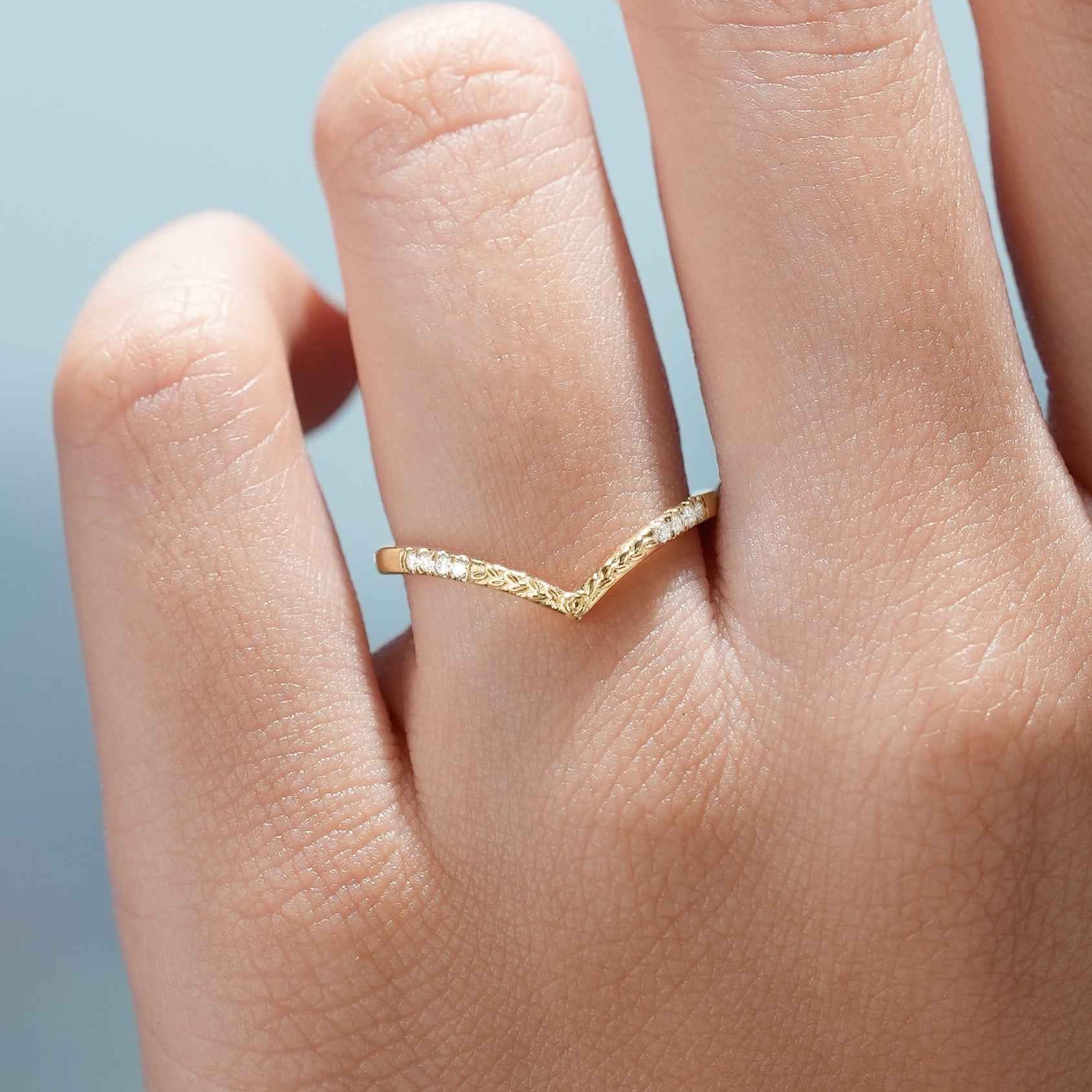 Classic Chevron Yellow Gold Moissanite Wedding Ring