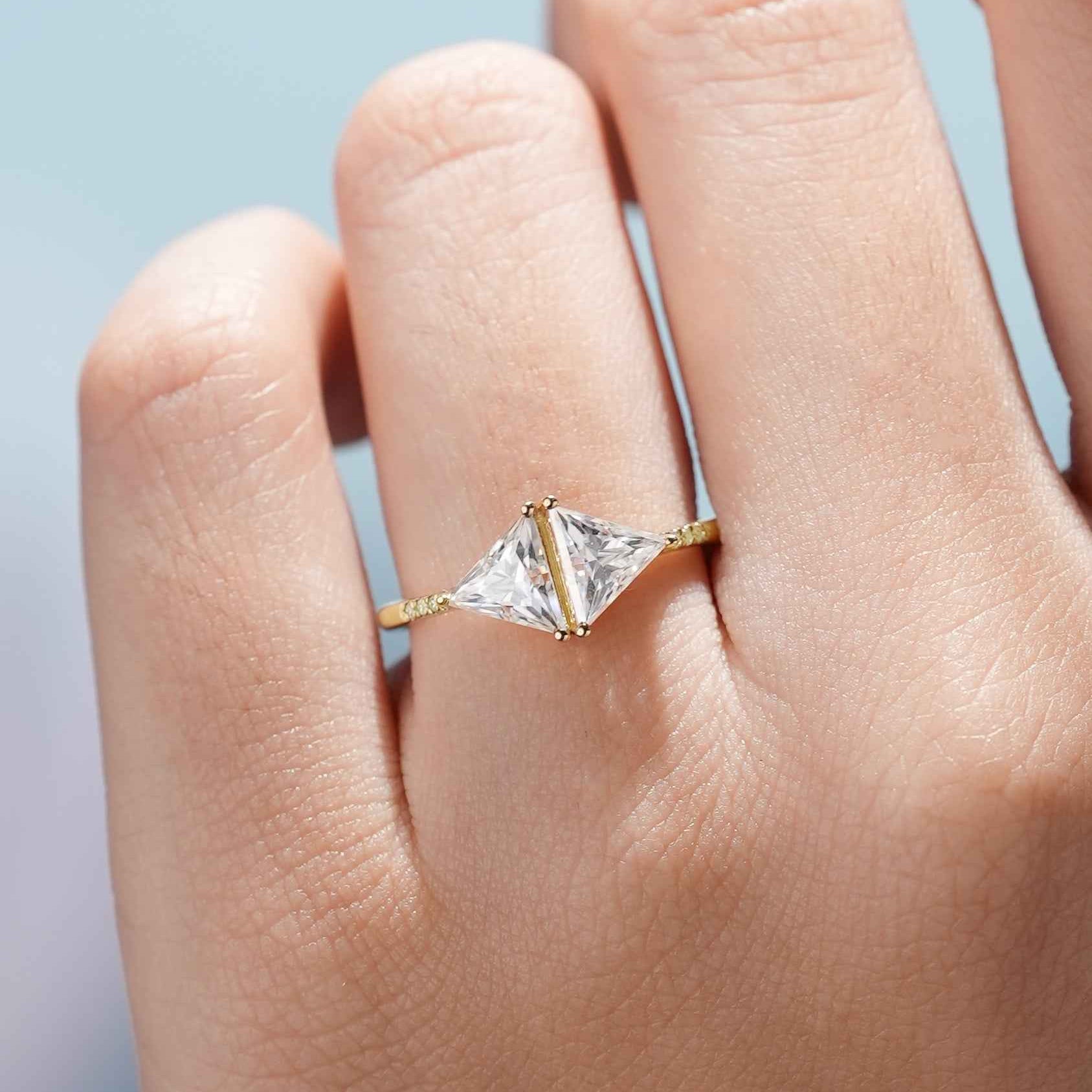 Unique Design Two Triangles Moissanite Engagement Ring Yellow Gold