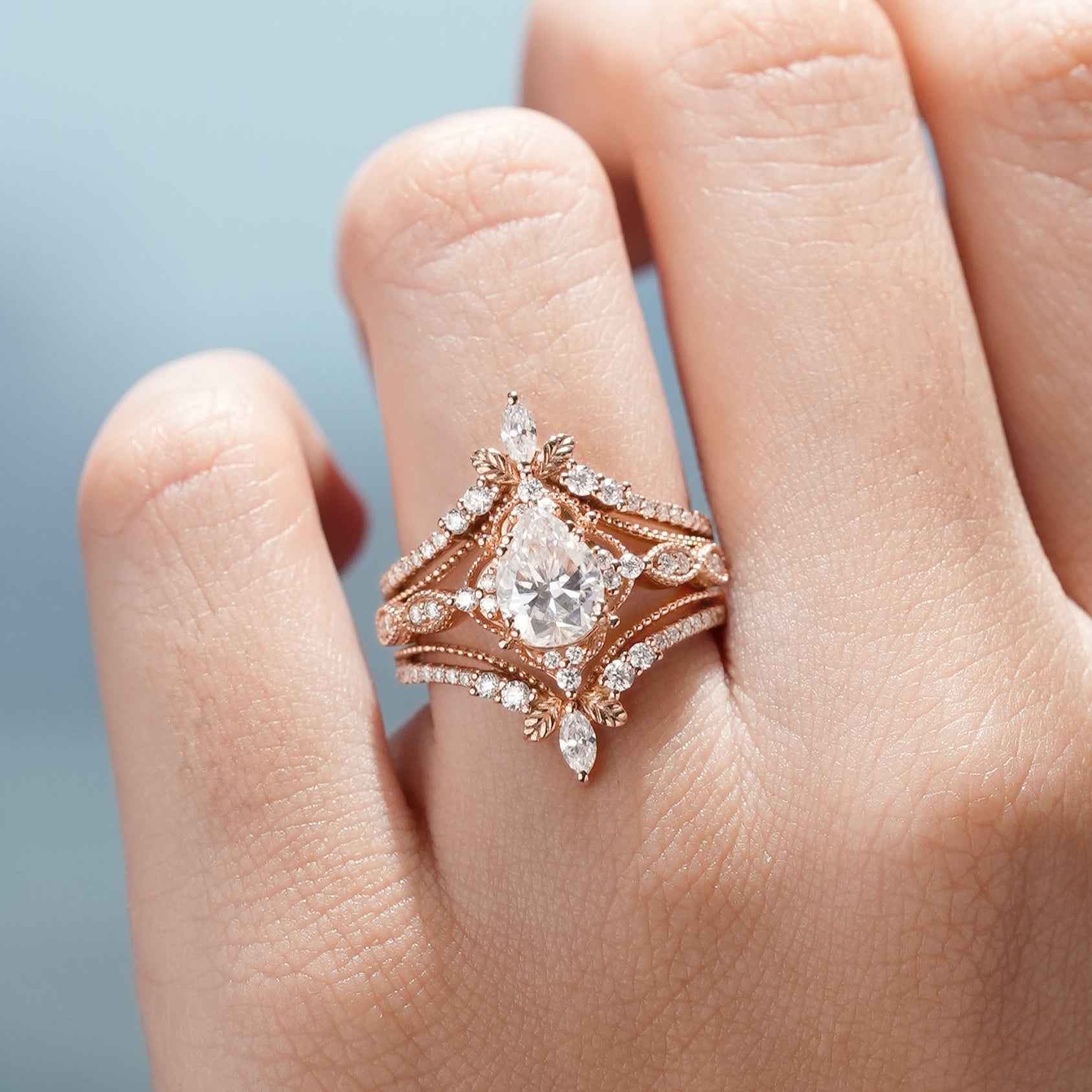 Nature Inspired Moissanite Engagement Ring Leaf Enhancer Wedding Band