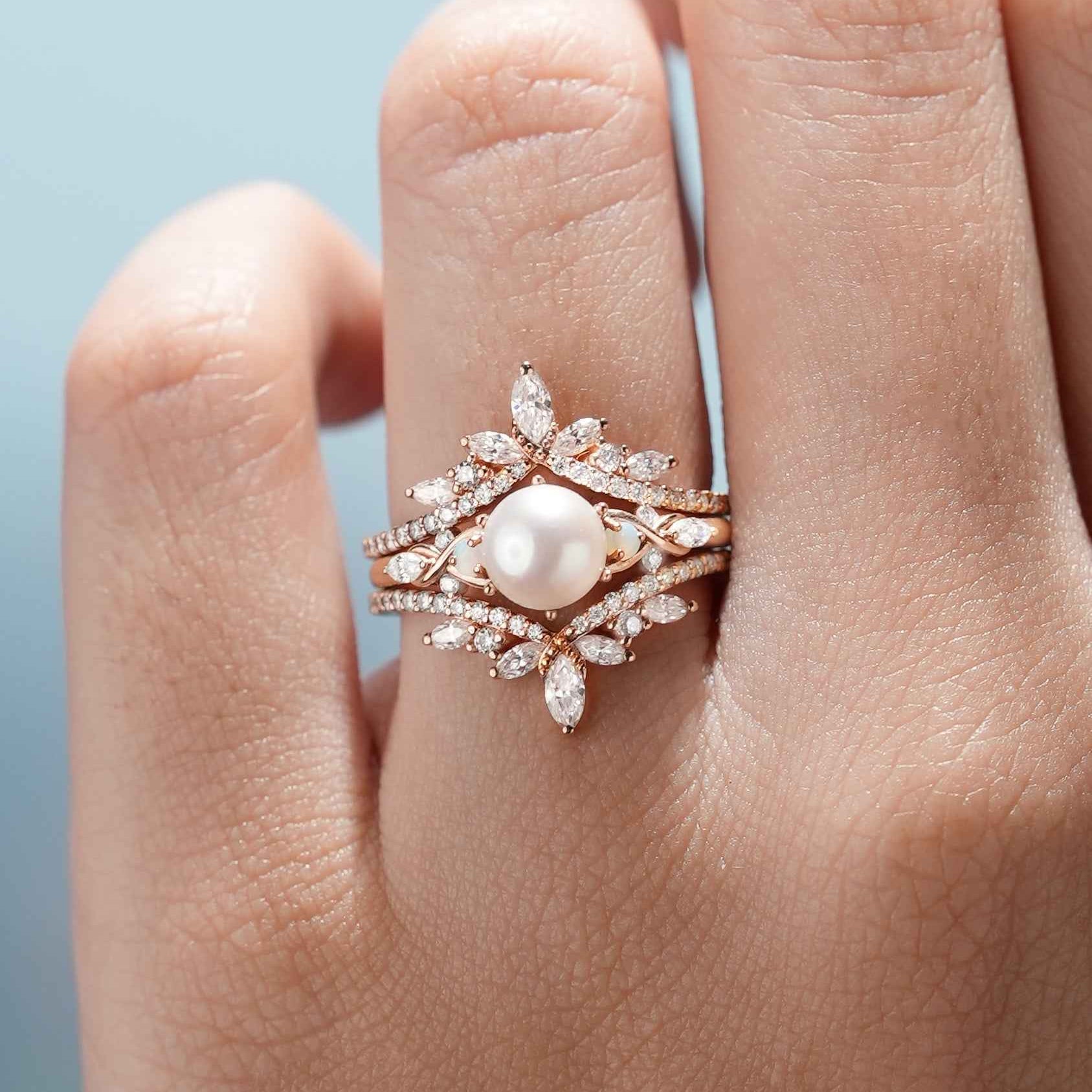 Unique Pearl Bridal Set Moissanite Marquise Enhancer Wedding Band 2Pcs