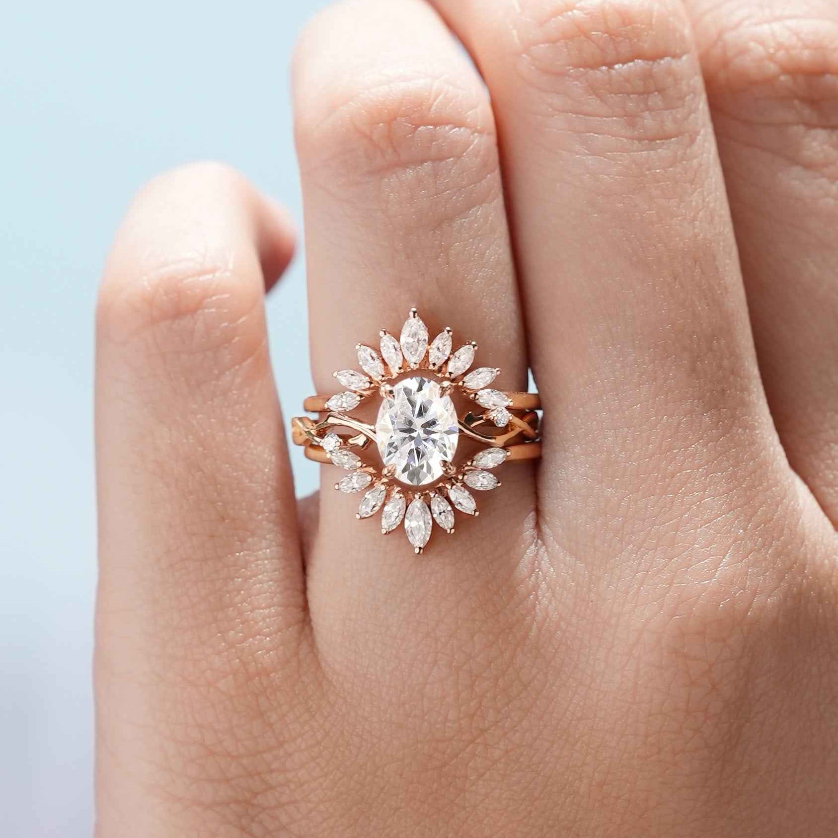 Unique Oval Moissanite Engagement Ring Set Marquise Enhancer Wedding Band