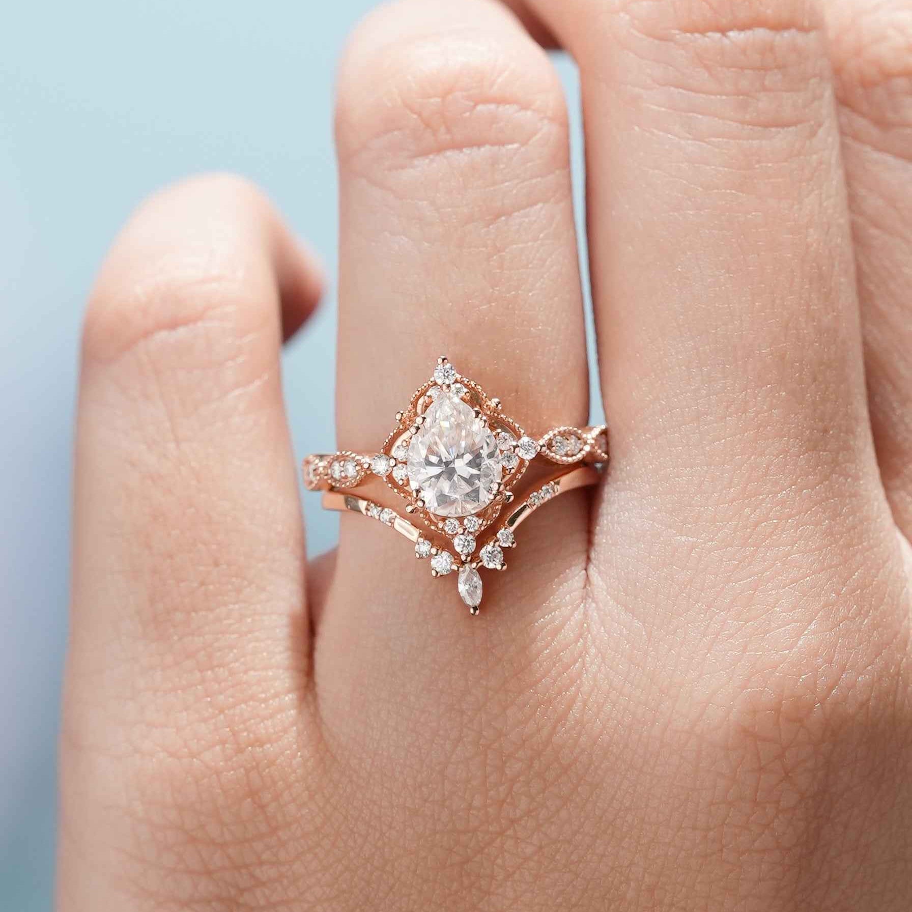 Vintage Pear Cut Moissanite Engagement Ring Set Chevron Stack Wedding Band