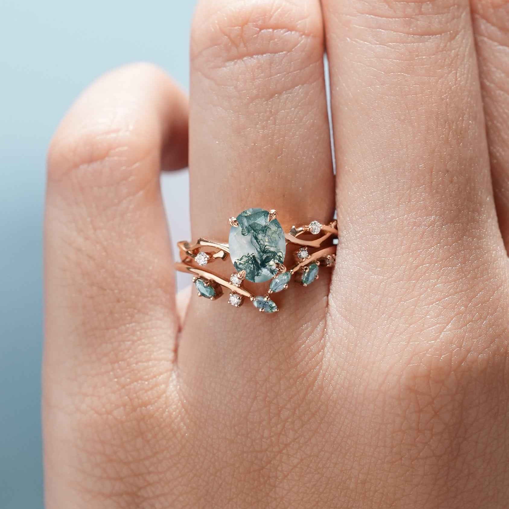 Nature Inspired Moss Agate Engagement Ring Set Vine Wedding Band 2pcs