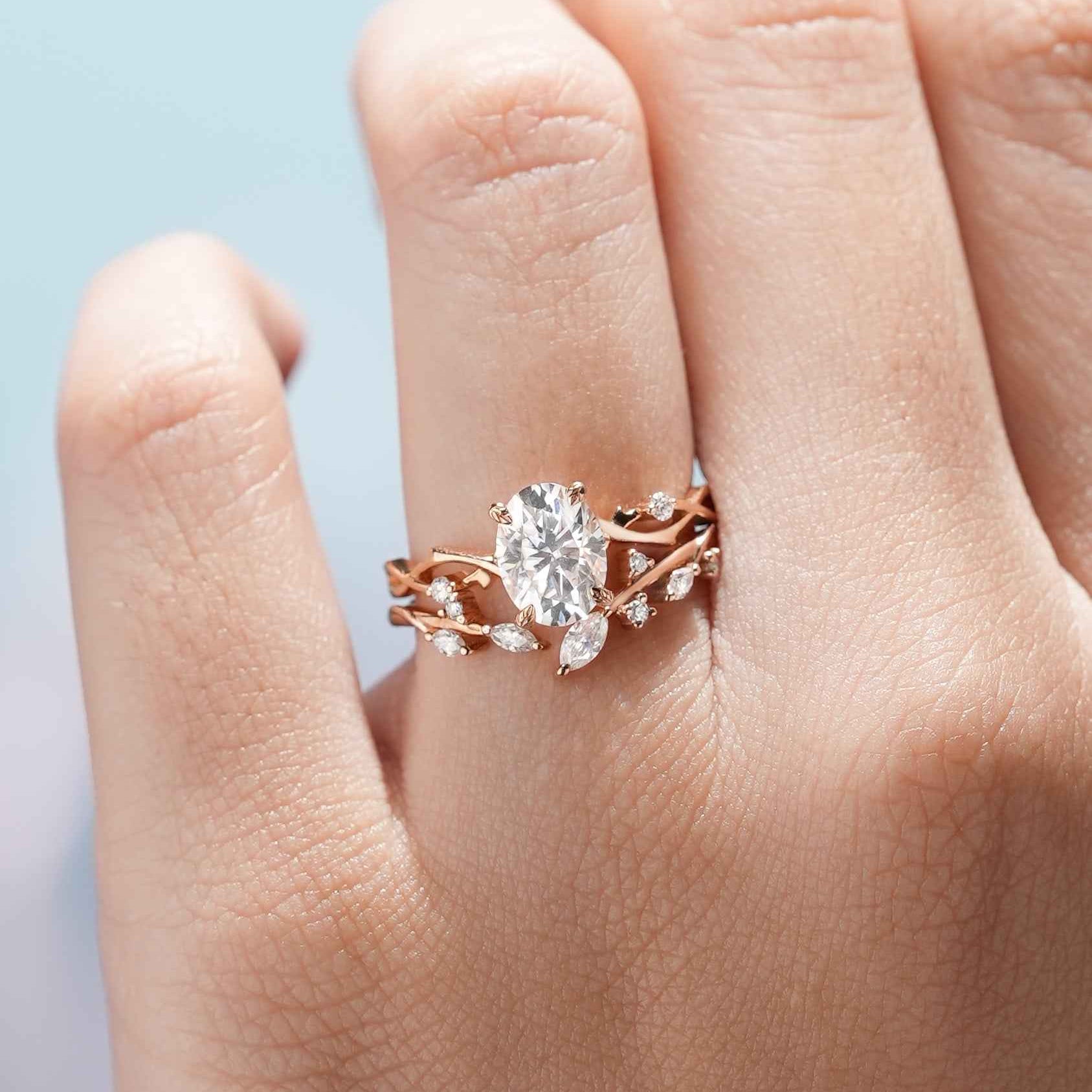 Oval Cut Moissanite Engagement Ring Set Vine Wedding Band 2pcs