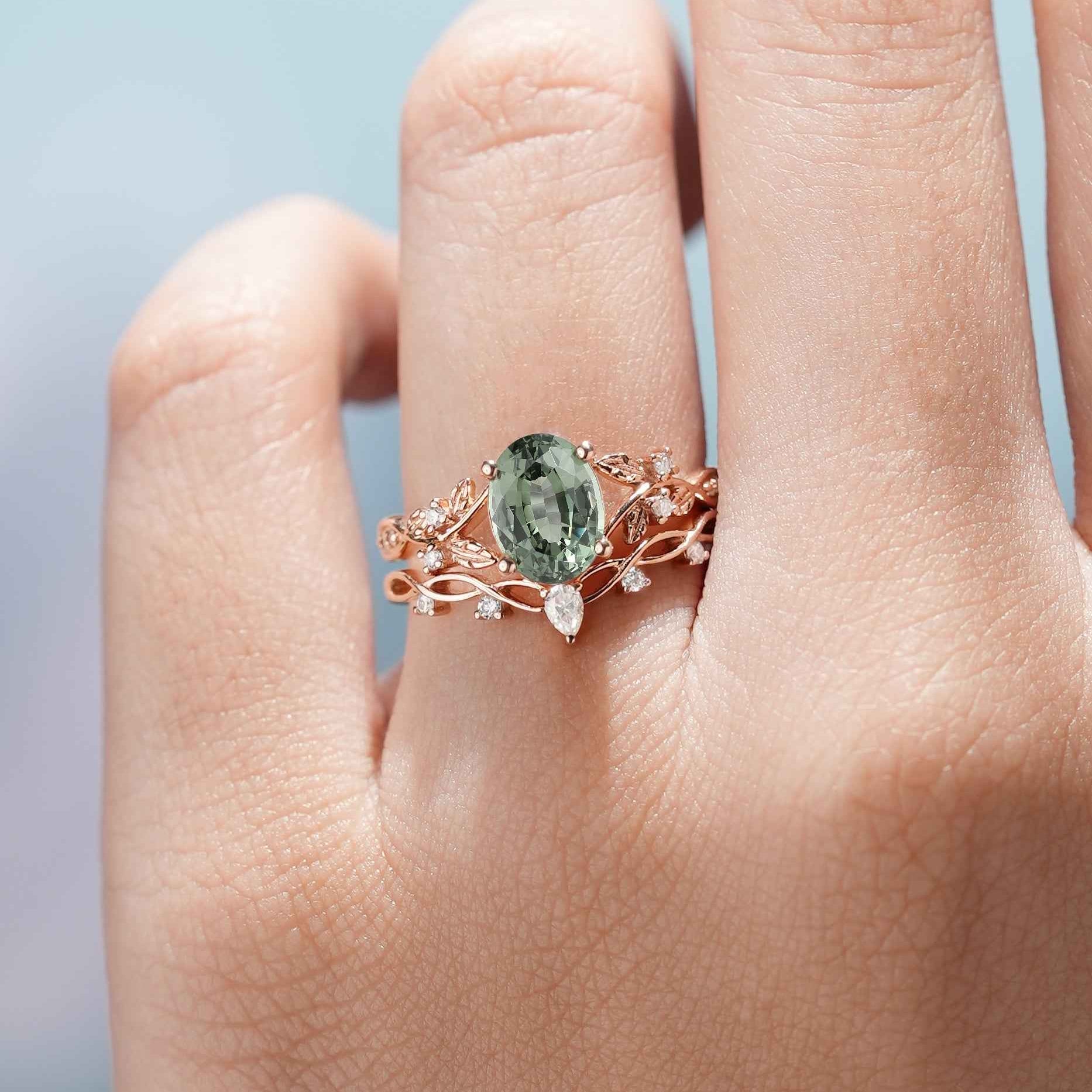 Nature Inspired Leafy Green Sapphire Engagement Ring Set 2pcs