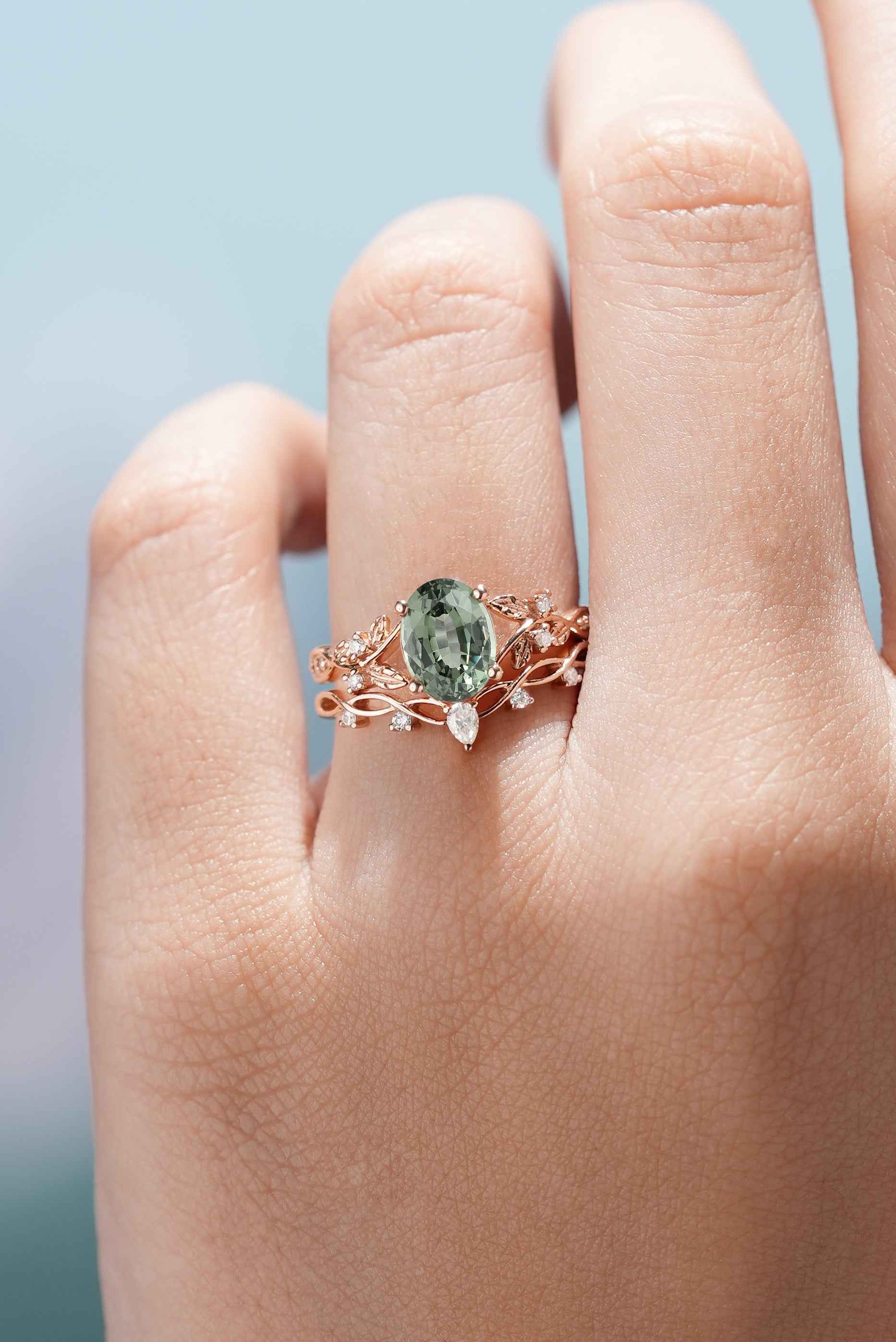 Nature Inspired Leafy Green Sapphire Engagement Ring Set 2pcs