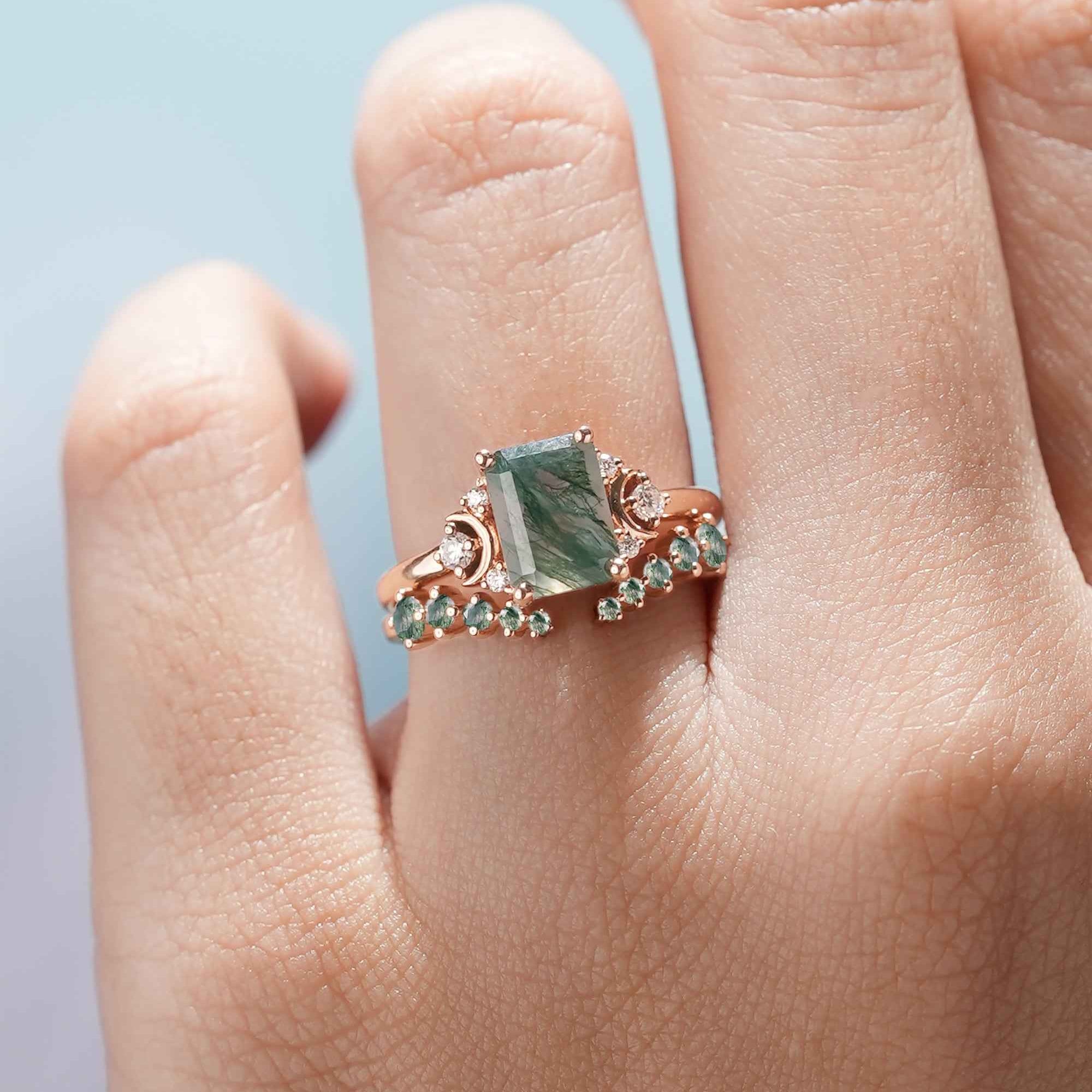 Nautre Inspired Emerald Cut Moss Agate Engagement Ring Set 2pcs
