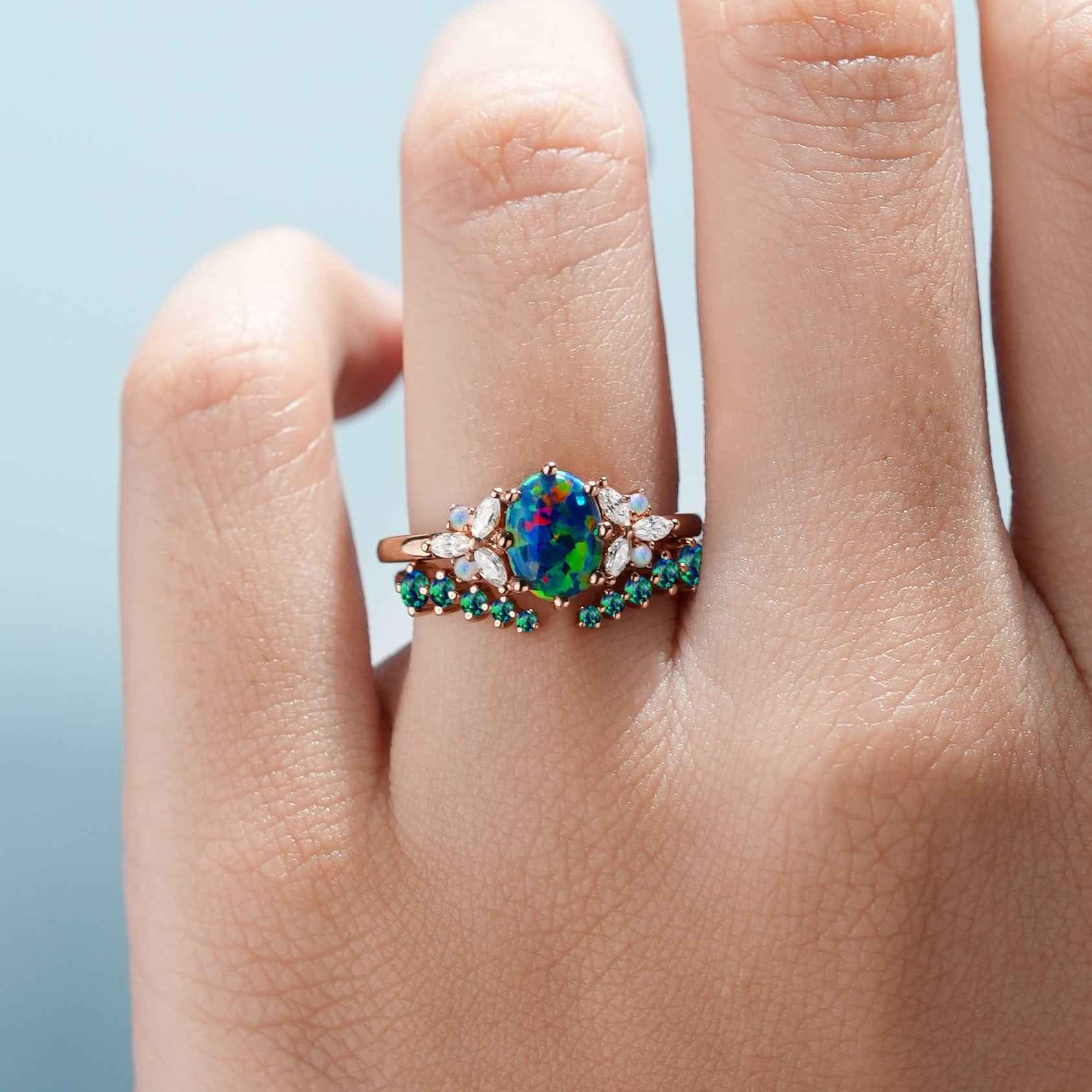 Nautre Inspired Black Opal Stacking Engagement Ring Set 2pcs