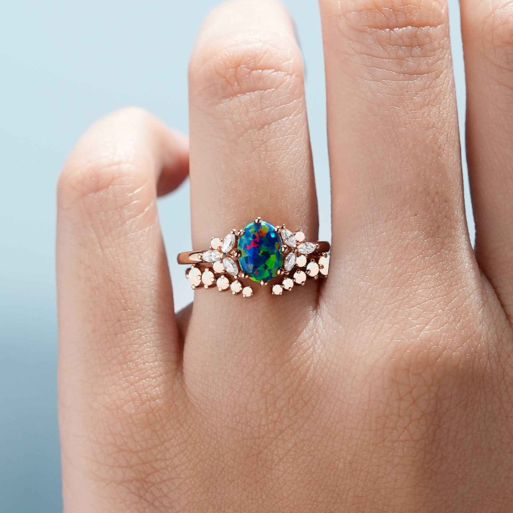 1.5ct Oval Opal Rose Gold  Engagement Ring Set 2pcs
