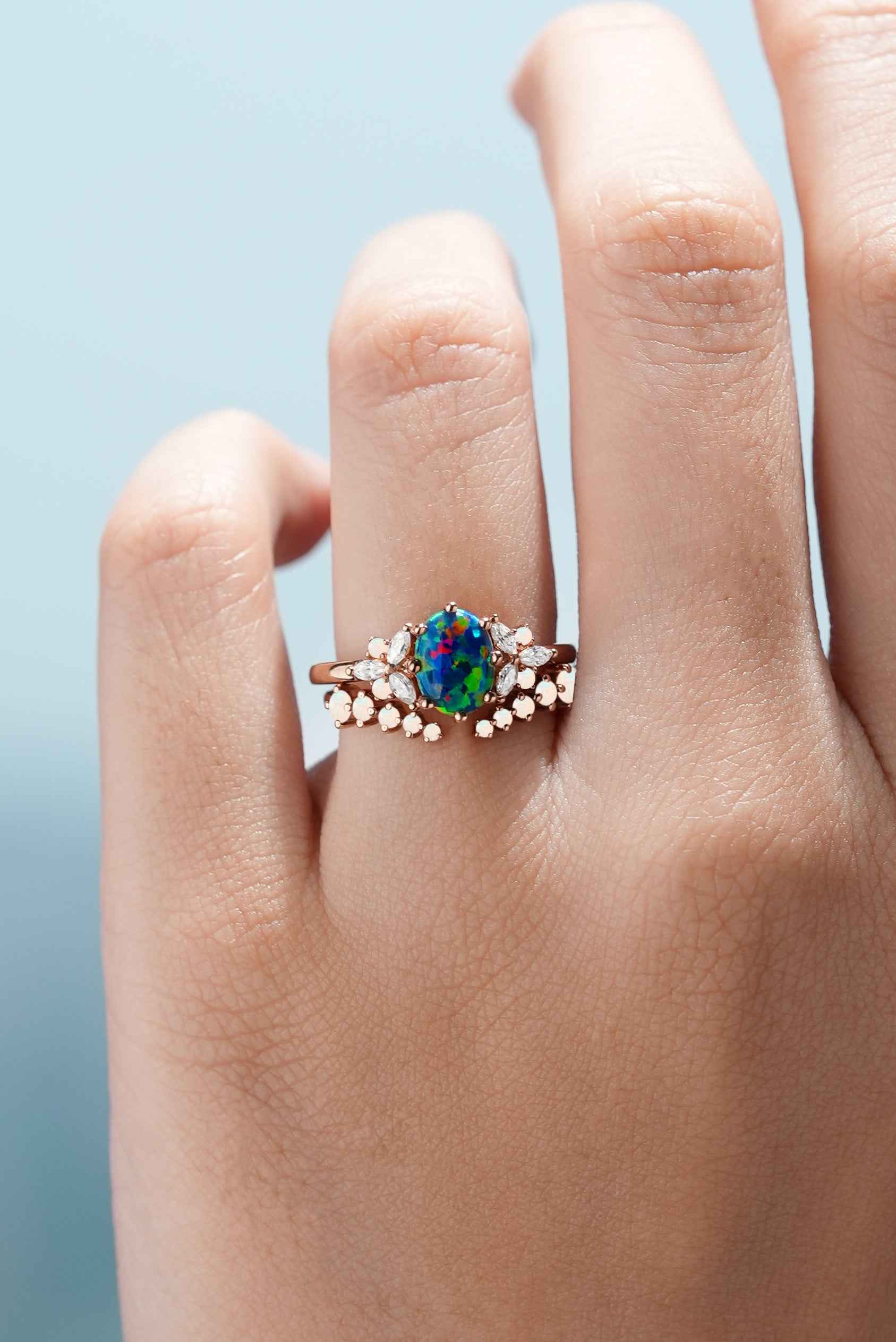 1.5ct Oval Opal Rose Gold Engagement Ring Set 2pcs