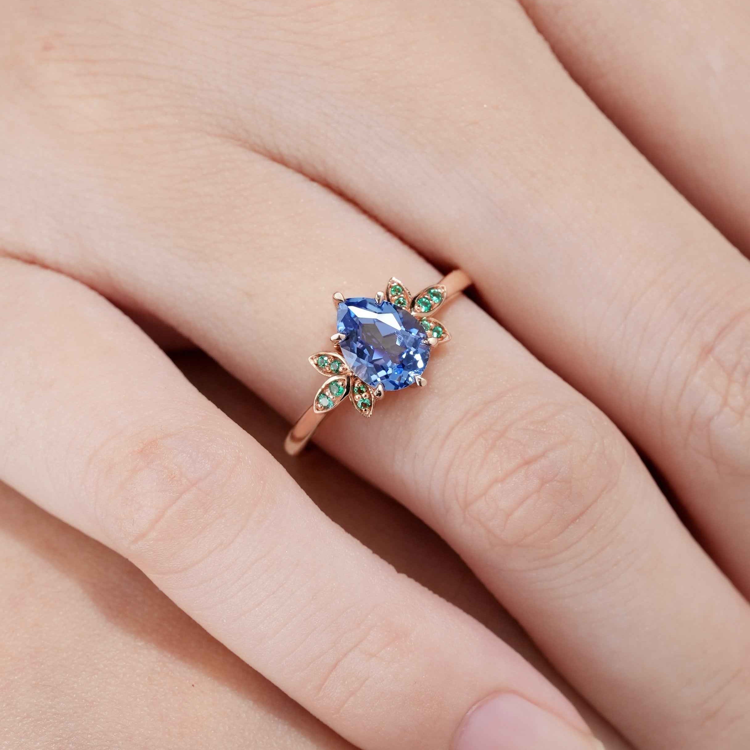 Unique Teardrop Sapphire Engagement Ring Emerald Cluster