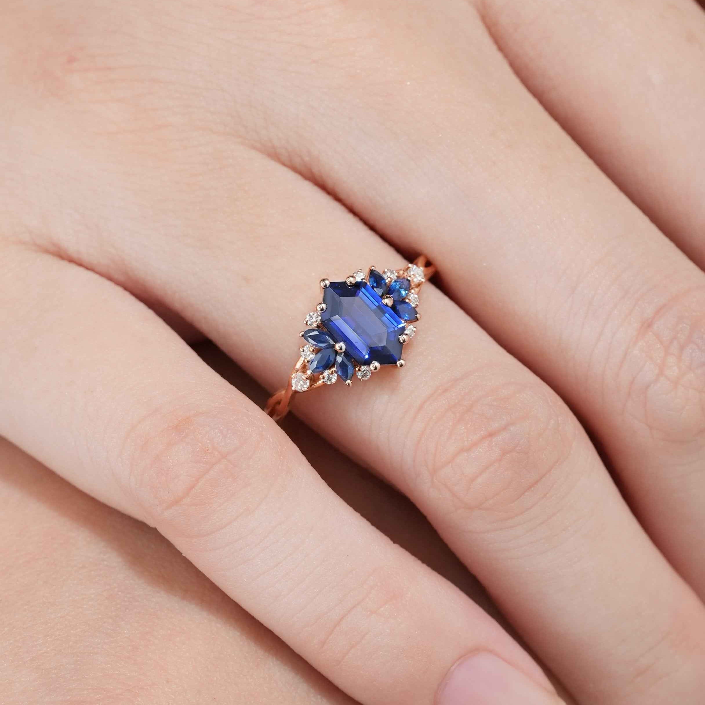 Vintage Hexagon Cut Blue Sapphire Engagement Ring