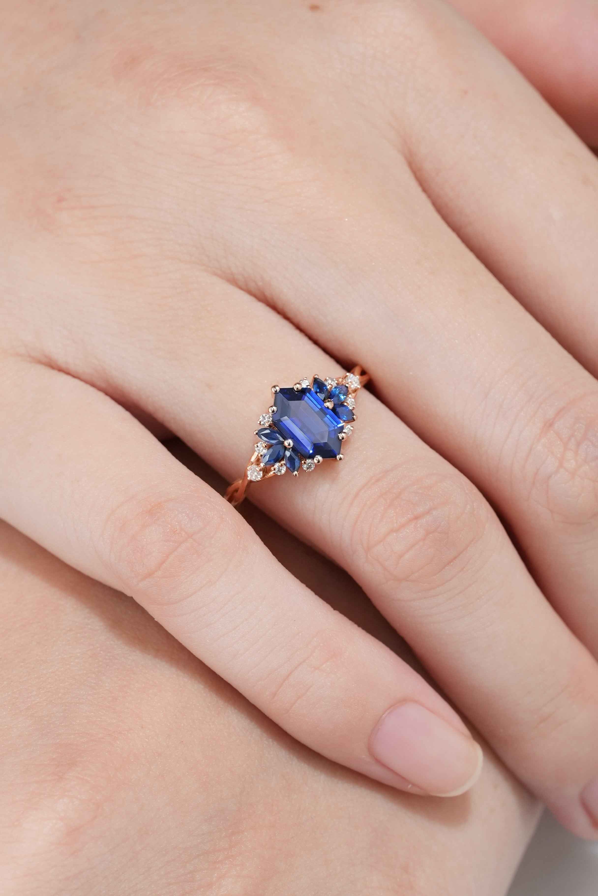 Vintage Hexagon Cut Blue Sapphire Engagement Ring