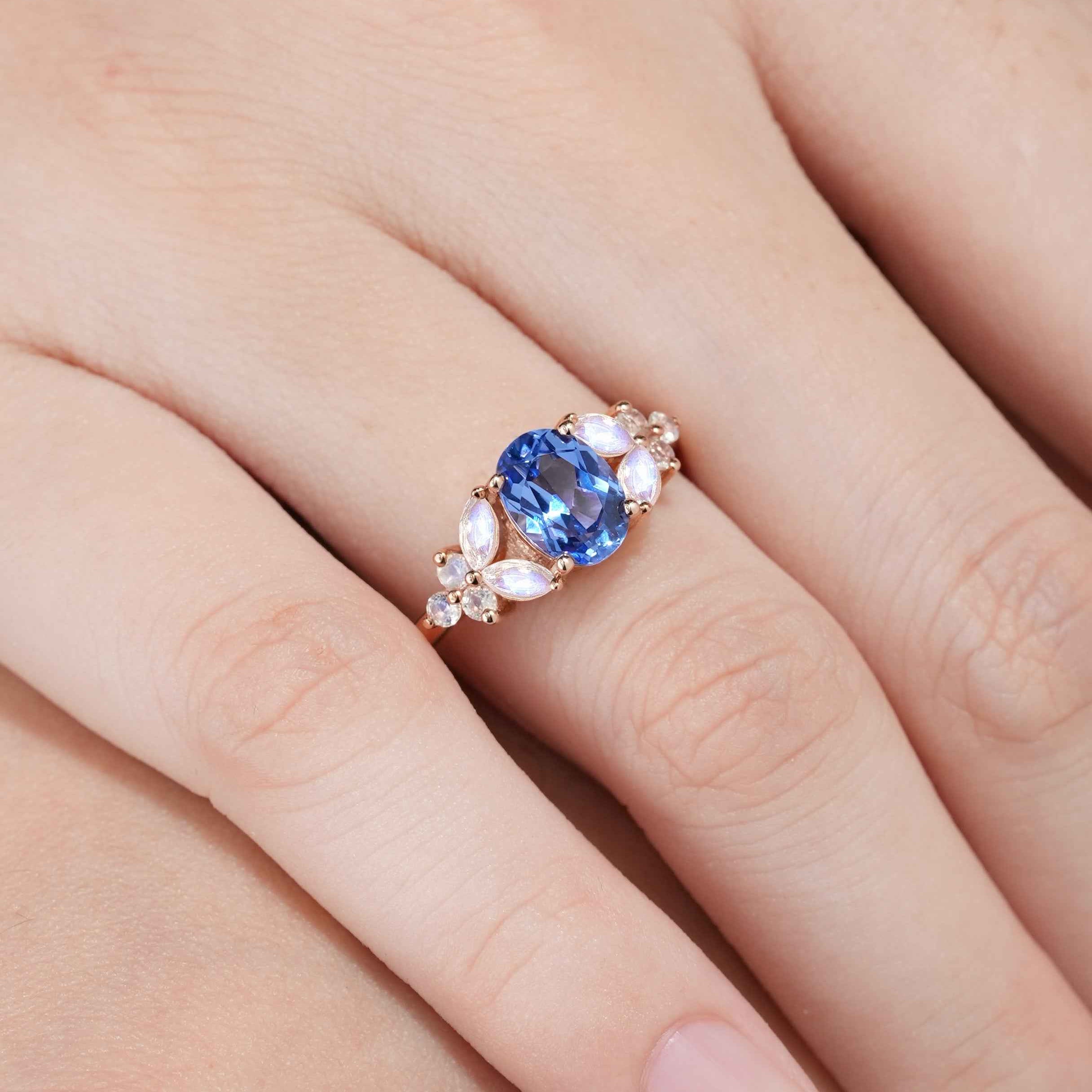 Unique Design Oval Cut Blue Sapphire Engagement Ring Butterfly Moissanite Cluster