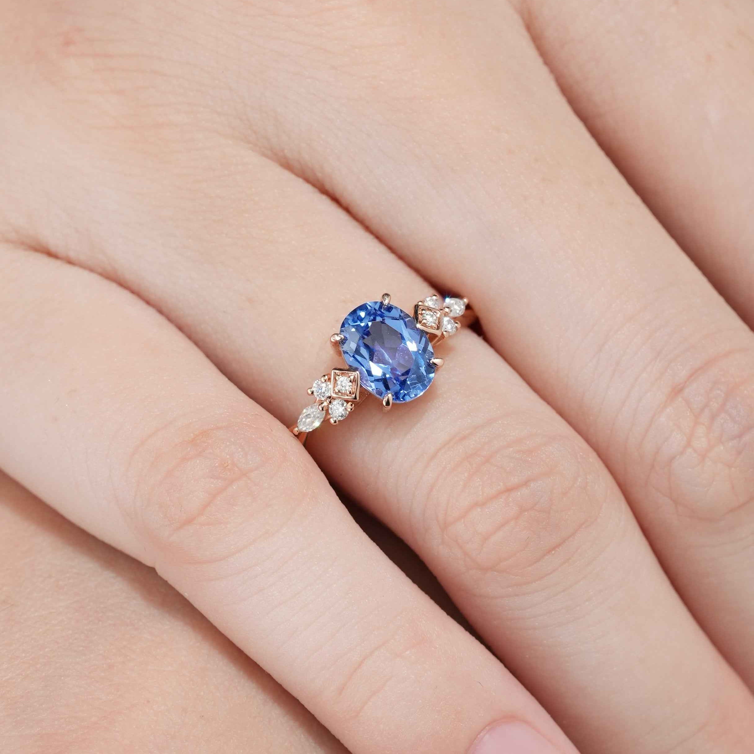 Art Deco Oval Cut Cornflower Sapphire Engagement Ring Rose Gold