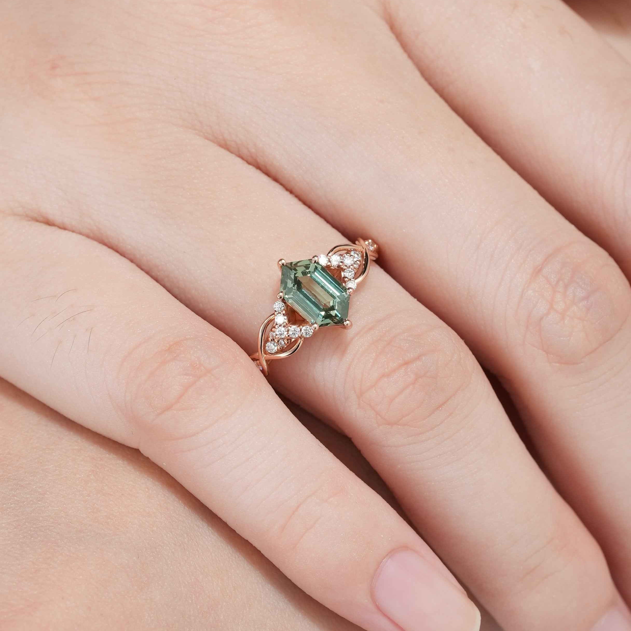 Long Hexagon Green Sapphire Engagement Ring Twisted Design Moissanite Cluster