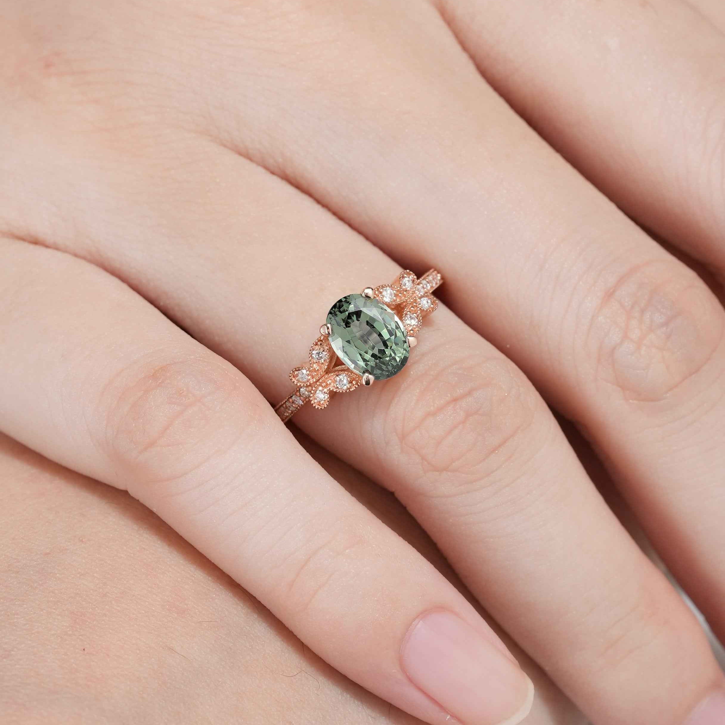 Unique Design Moissanite Cluster Butterfly Green Sapphire Ring