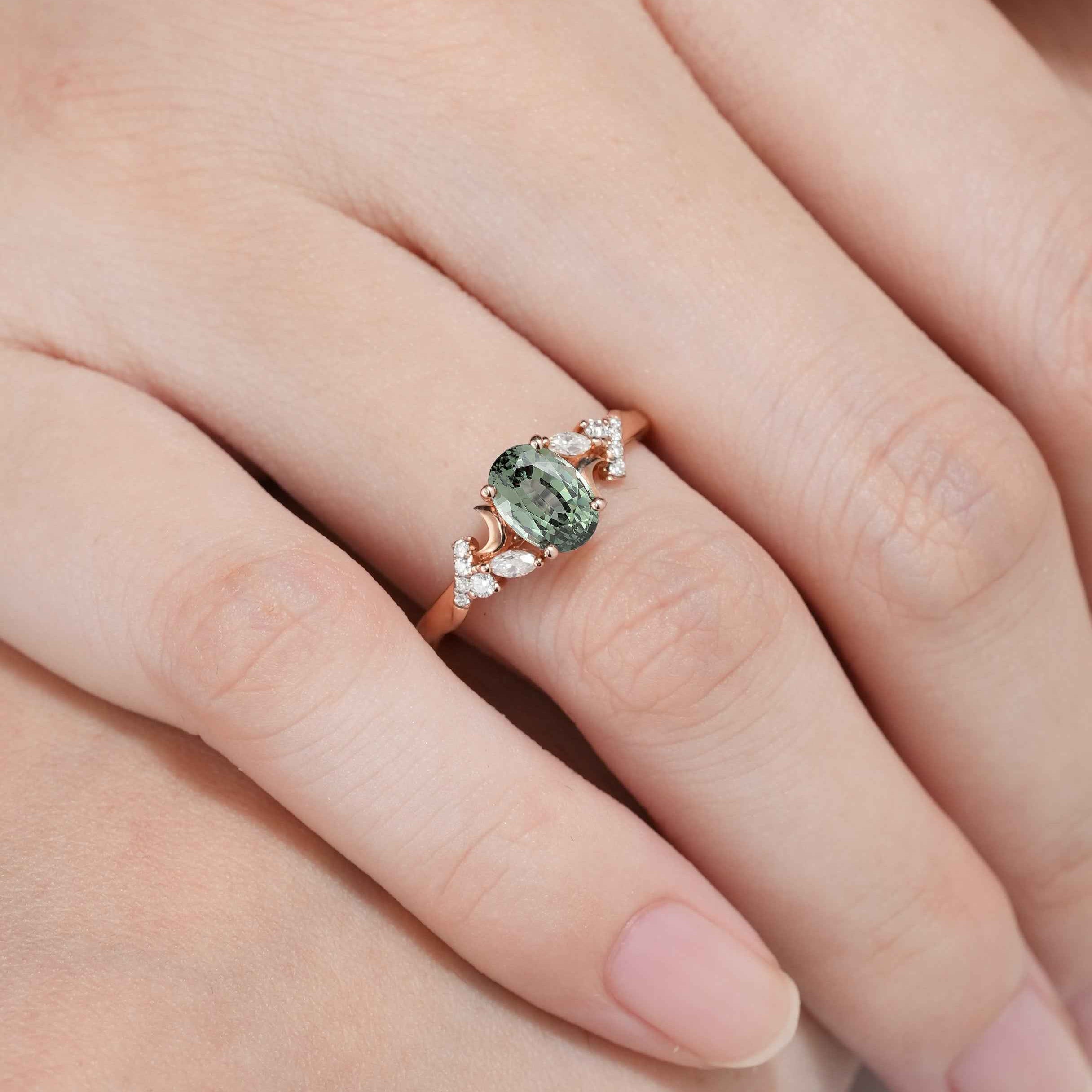 Unique Design Moon Oval Cut Green Sapphire Engagement Ring