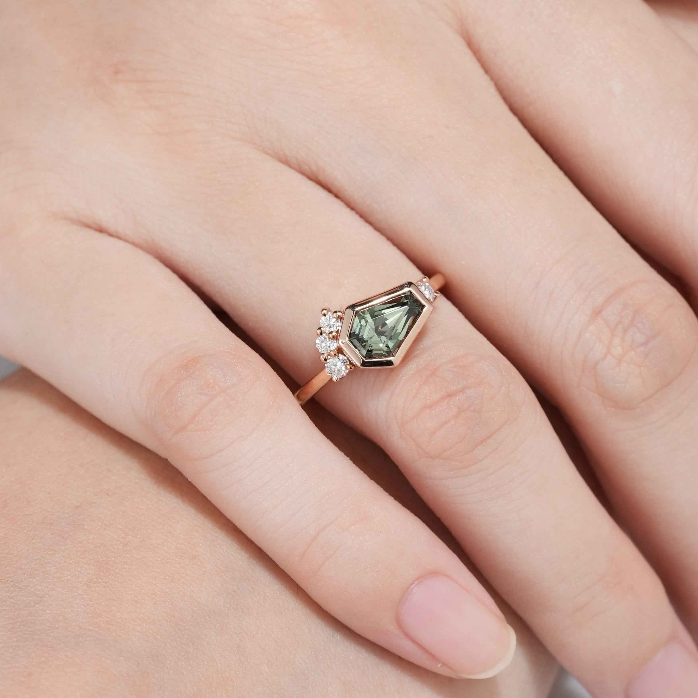 Unique Coffin Cut Green Sapphire Engagement Ring Handmade Ring