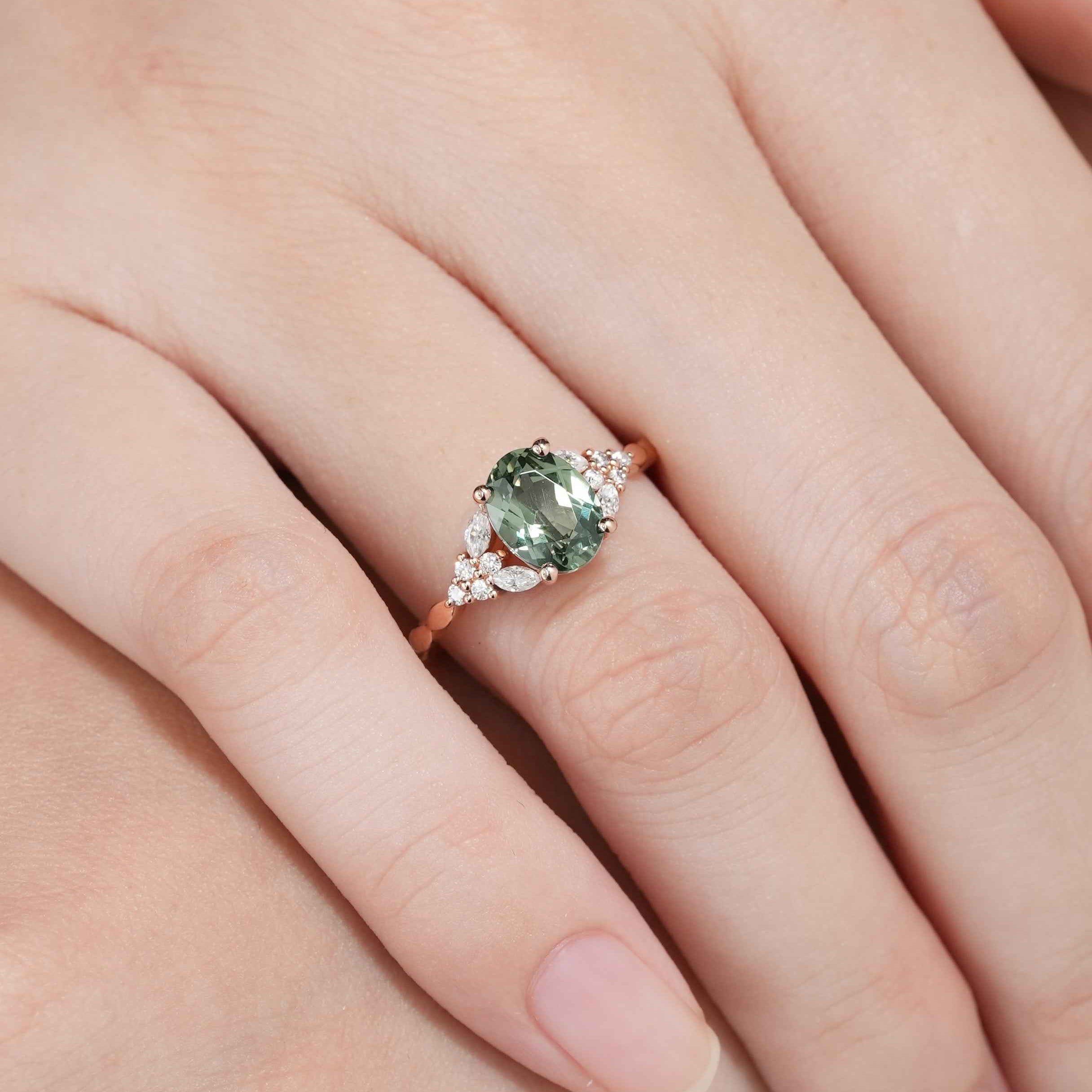 14K Rose Gold Oval Cut Green Sapphire Engagement Ring