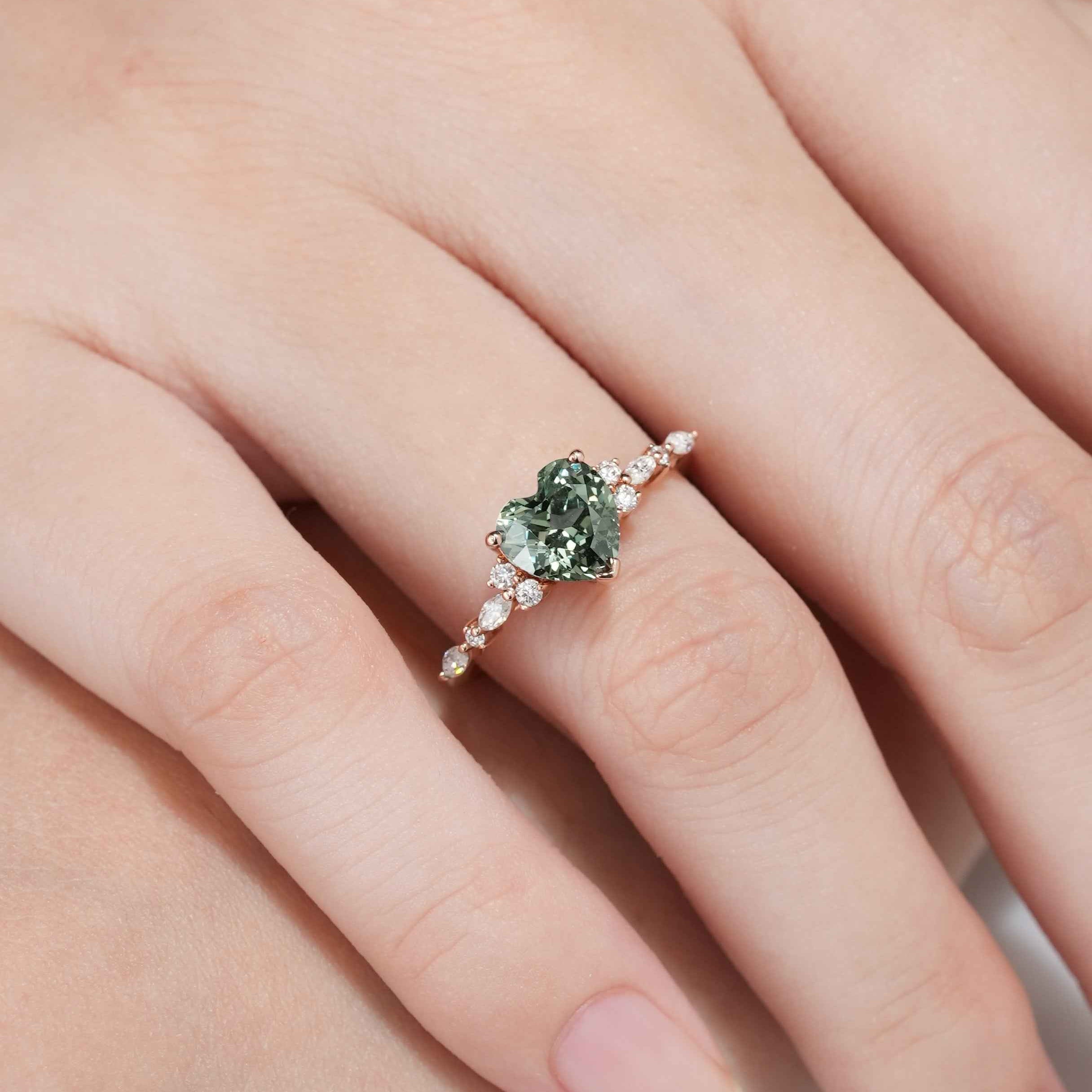 Classic Heart Shaped Green Sapphire Ring Moissanite Cluster