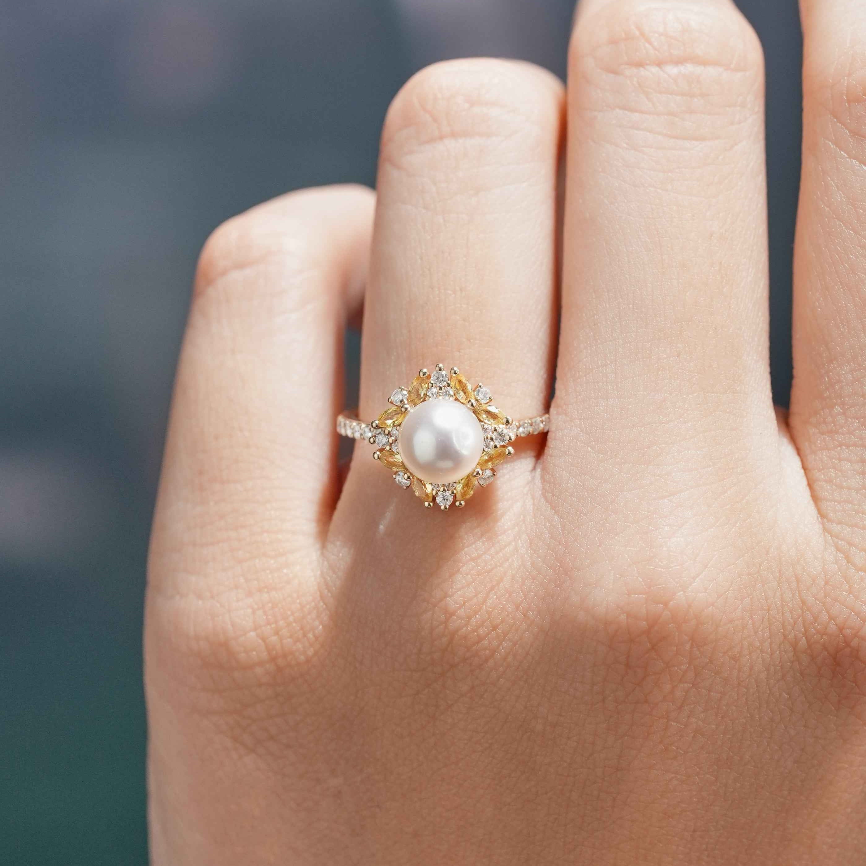 Vintage Akoya Pearl Engagement Ring Citrine & Moissanite Cluster