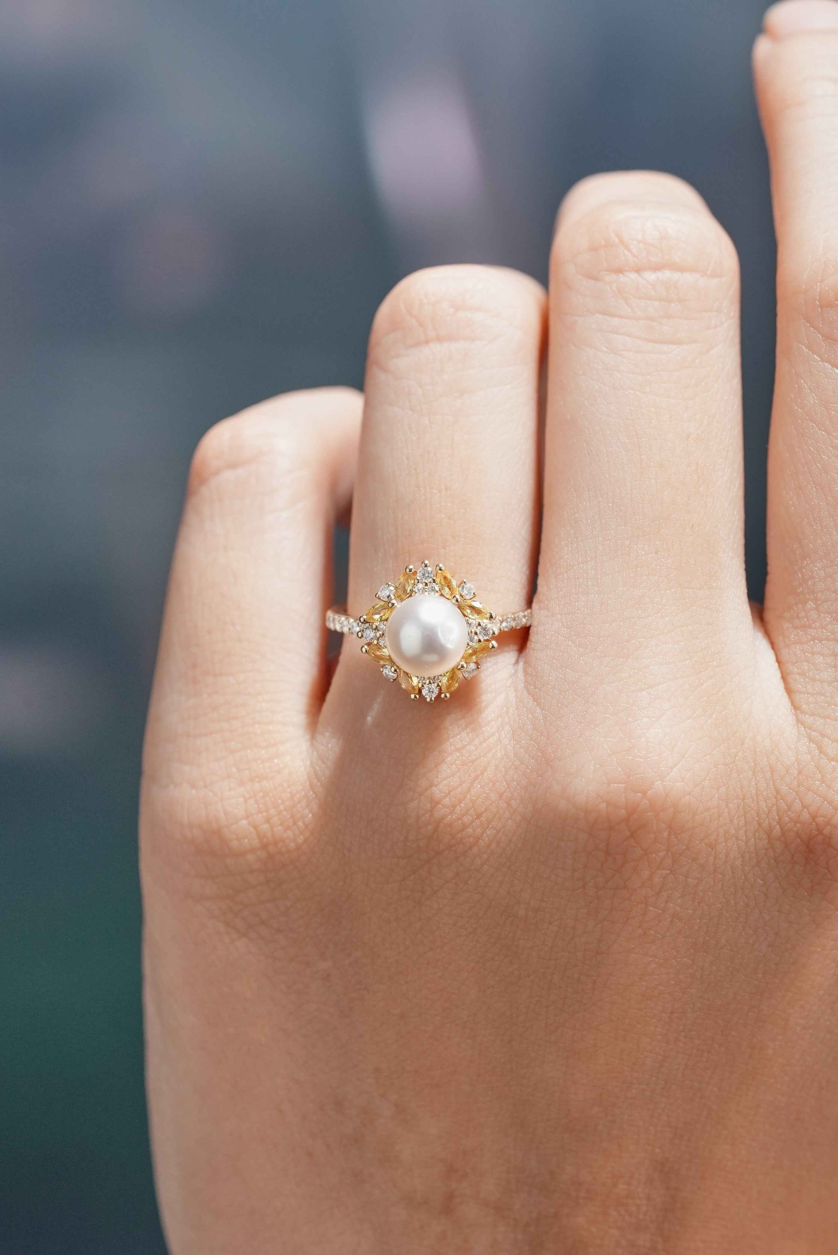 Vintage Akoya Pearl Engagement Ring Citrine & Moissanite Cluster
