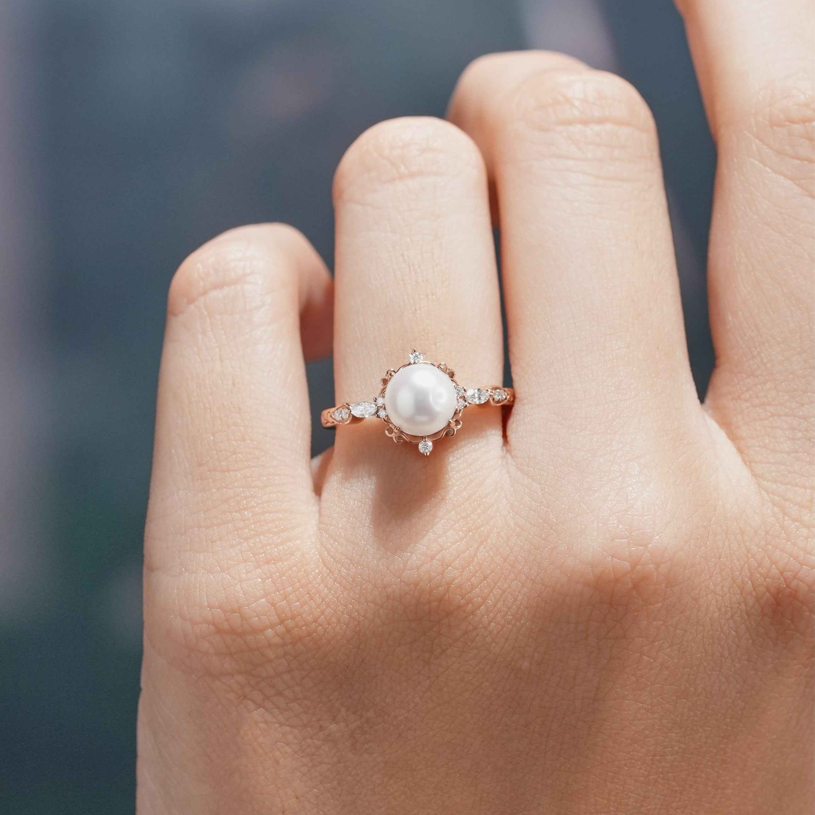 Vintage Natural Akoya Pearl Engagement Ring Moissanite Cluster Ring