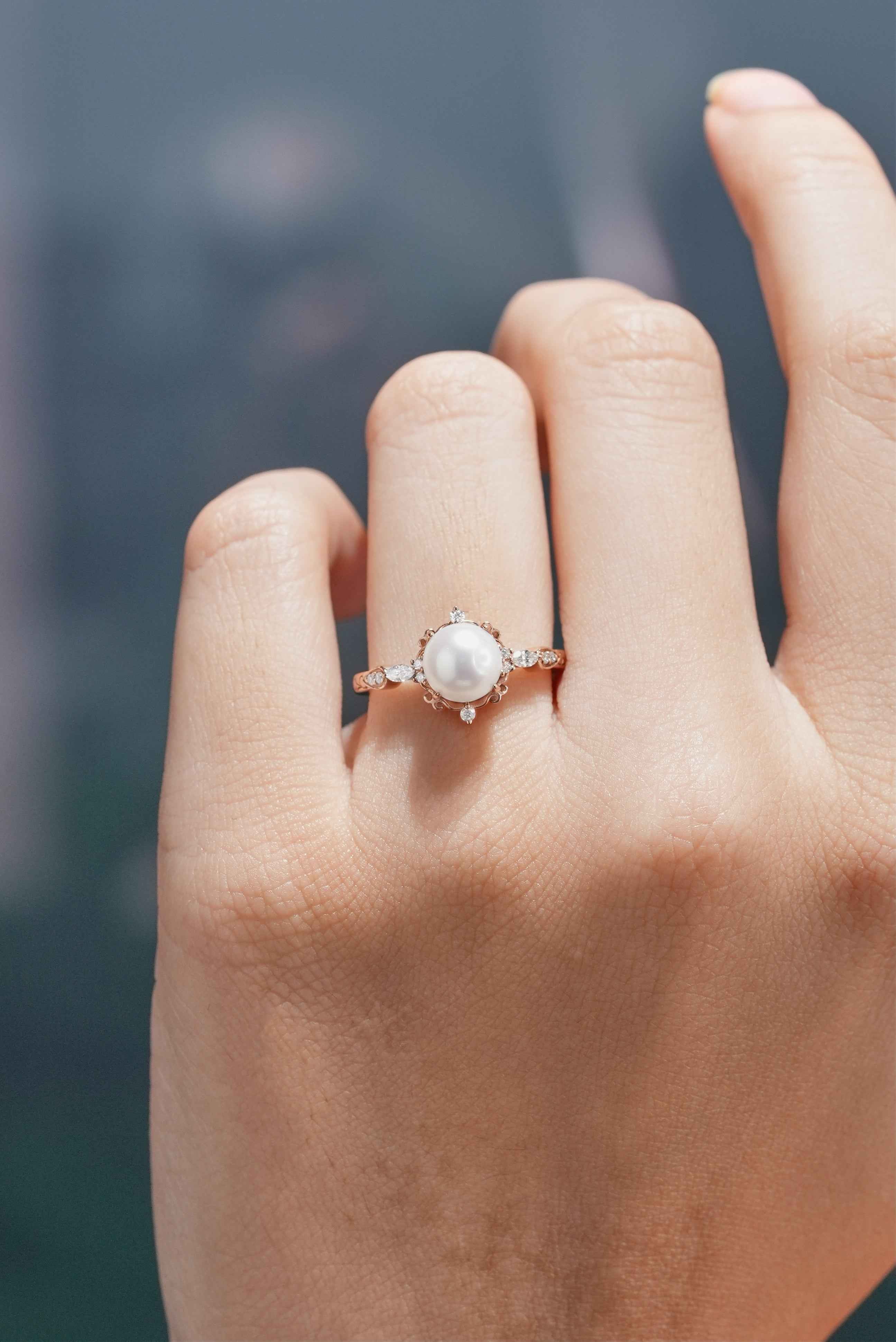 Vintage Natural Akoya Pearl Engagement Ring Moissanite Cluster Ring