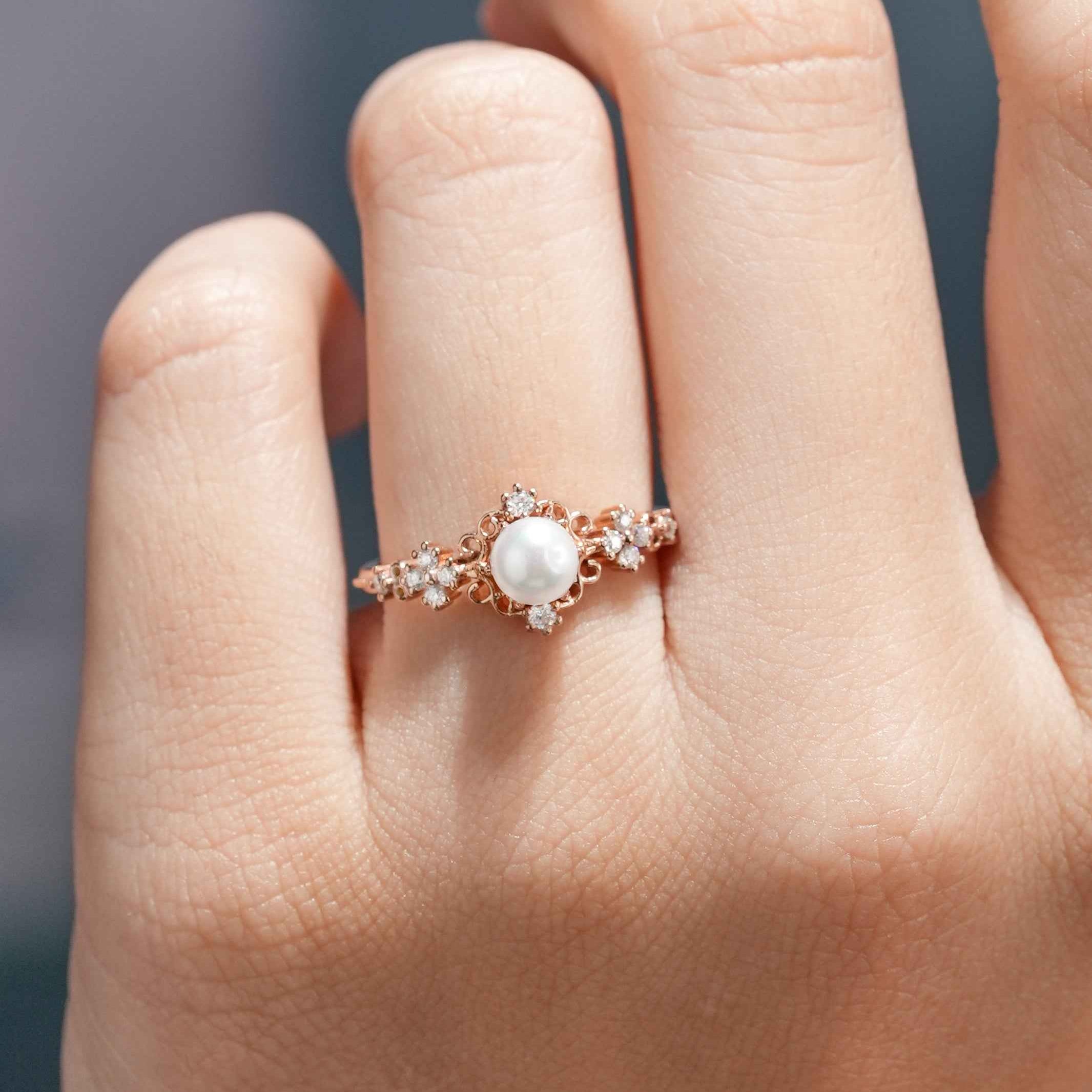 Signature Vintage Natural Akoya Pearl Engagement Ring Rose Gold Ring