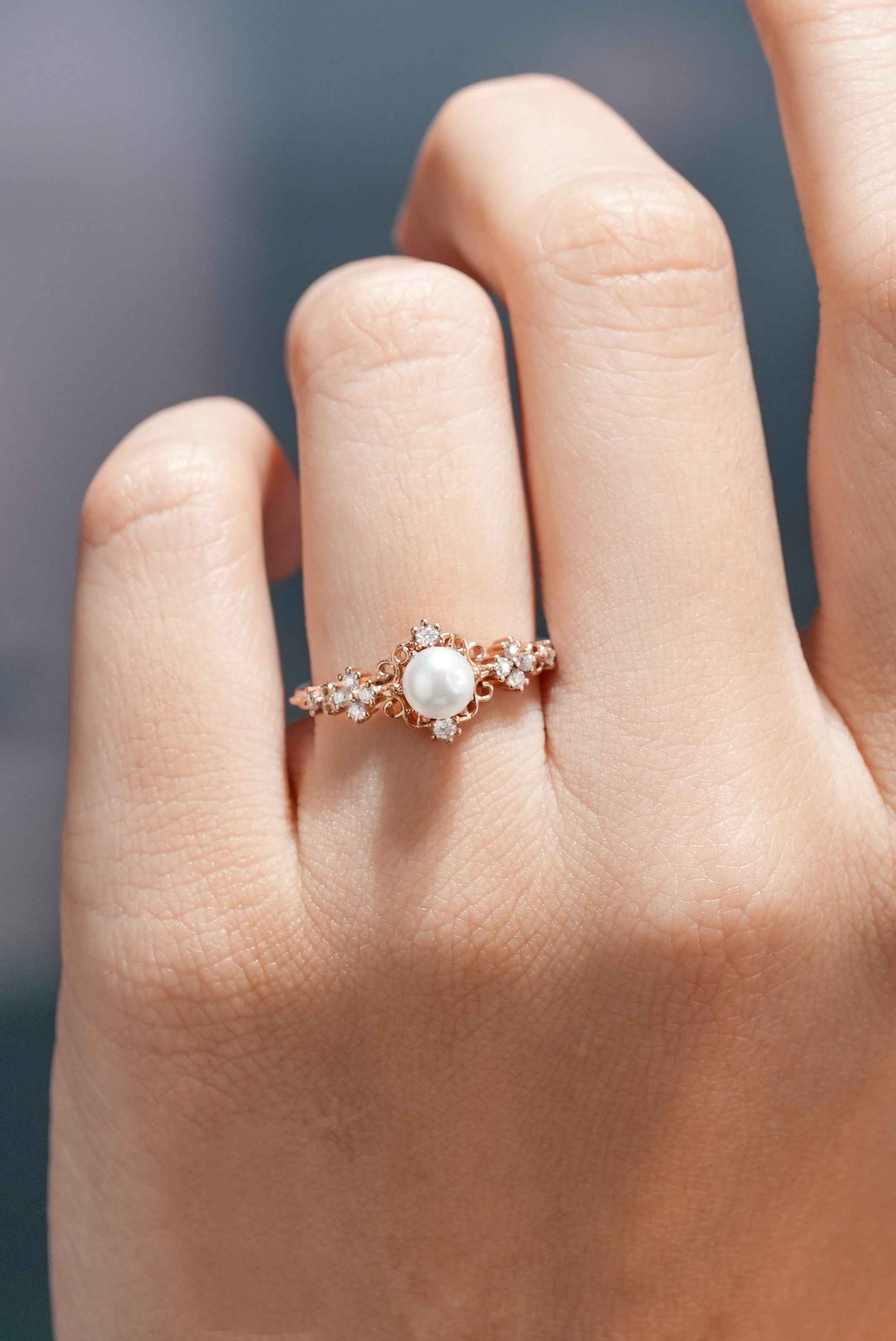 Signature Vintage Natural Akoya Pearl Engagement Ring Rose Gold Ring