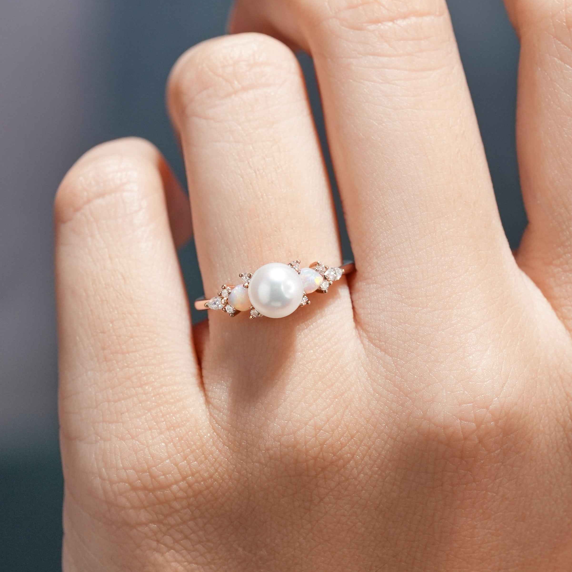 Akoya Pearl Engagement Ring Heart Shaped Opal Moissanite Cluster