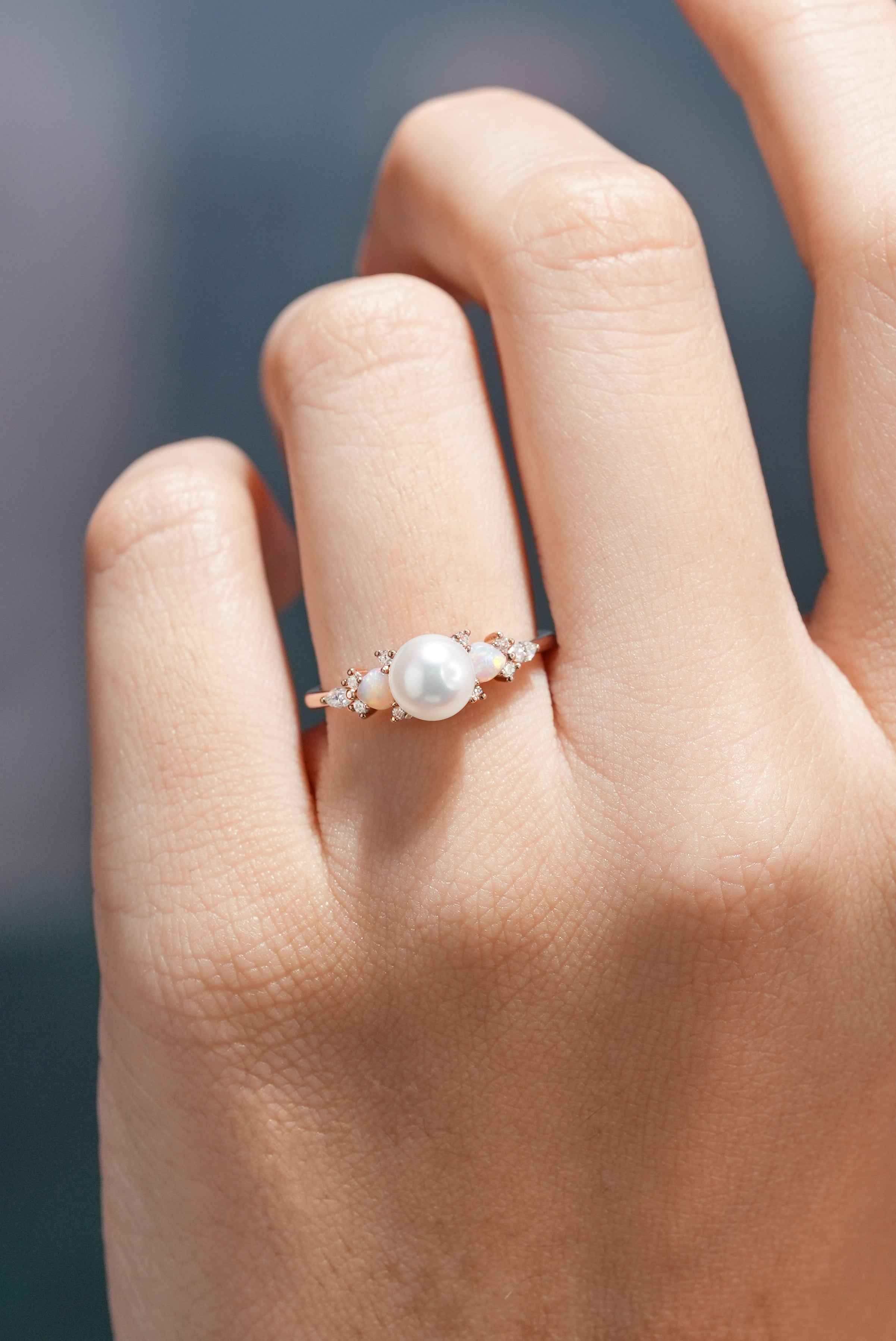 Akoya Pearl Engagement Ring Heart Shaped Opal Moissanite Cluster