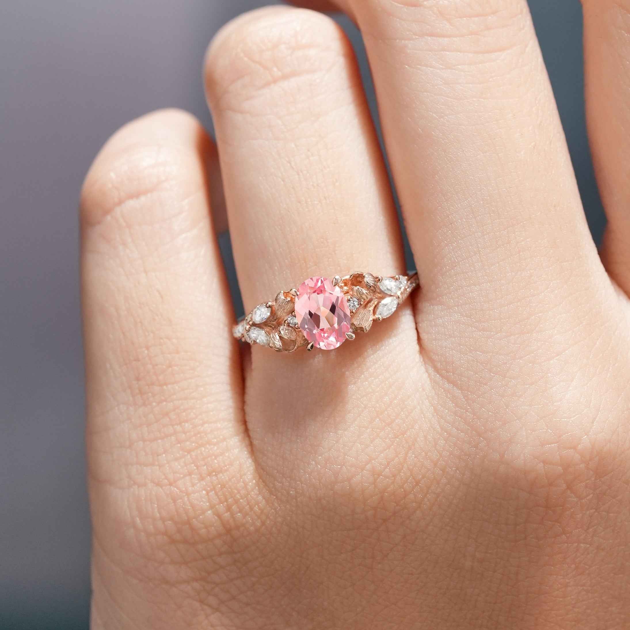 Nature Inspired Oval Cut Ring Pink Sapphire Floral Engagement Rings