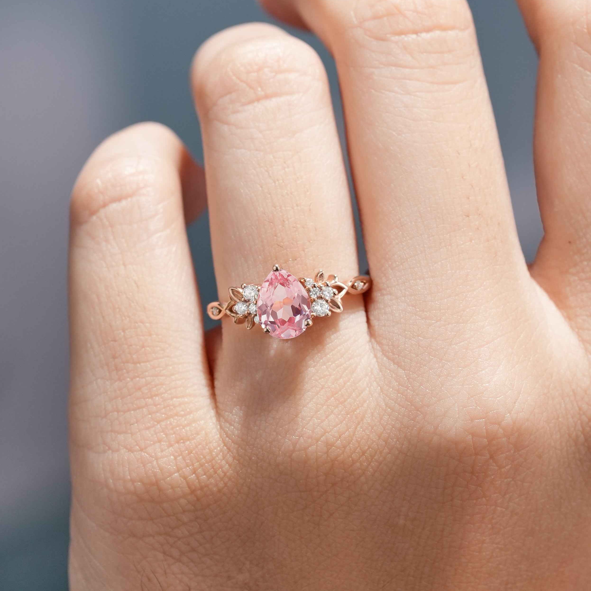Natural Inspired Leaf Ring Pear Cut Pink Sapphire Engagement Ring