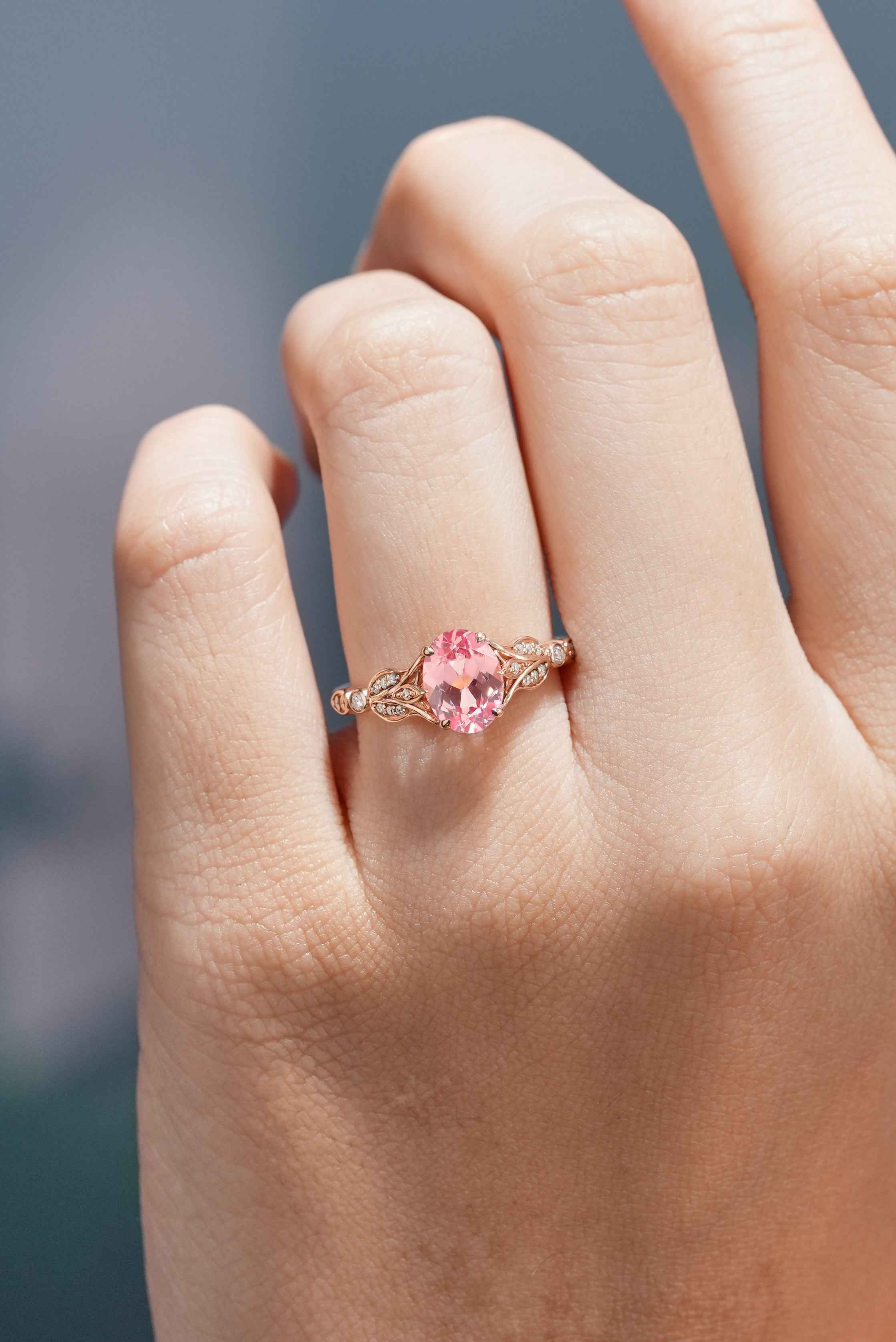 Nature Inspired Flora Engagement Ring Oval Cut Pink Sapphire Ring