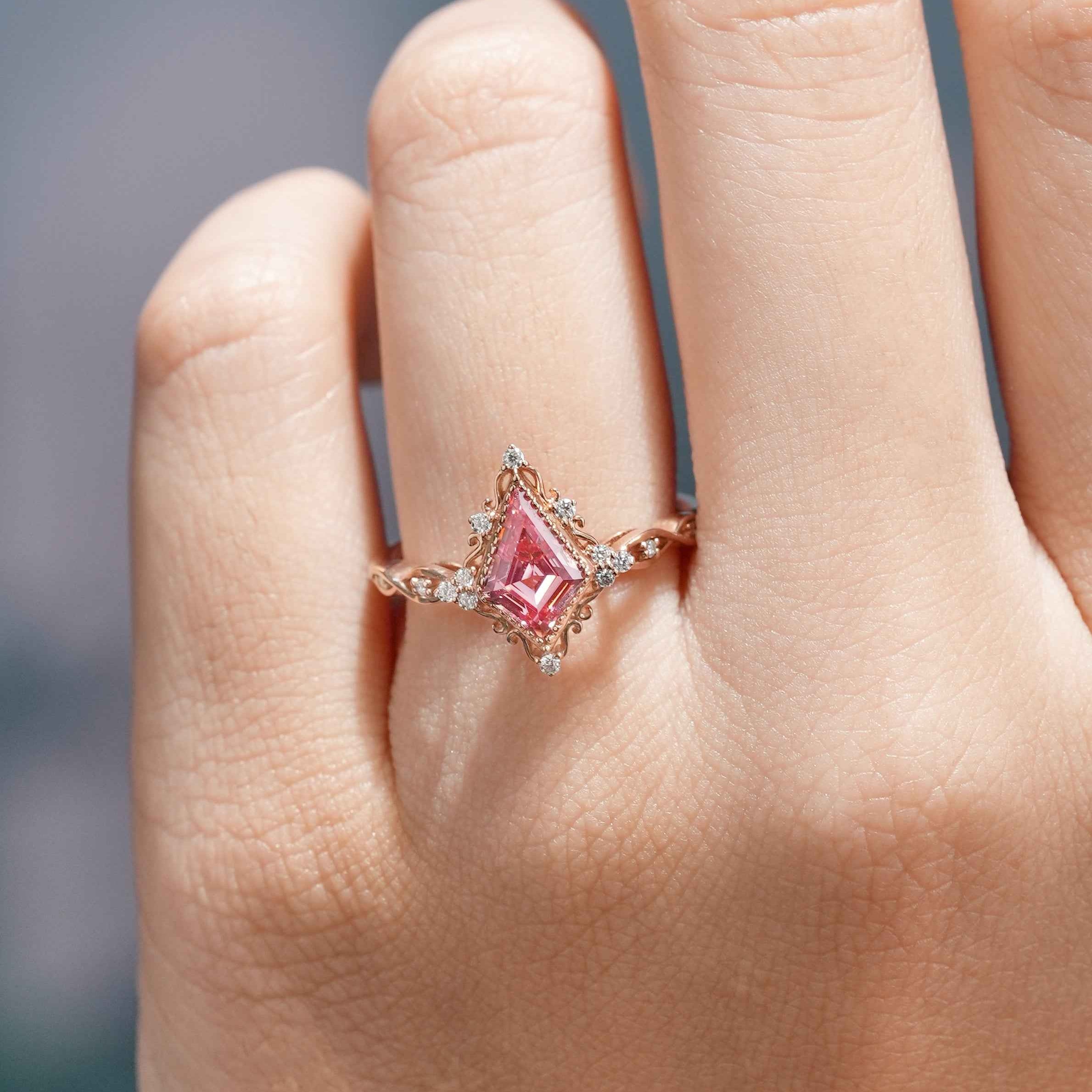 Vintage Kite Shaped Peach Sapphire Engagement Ring Solid Gold Ring