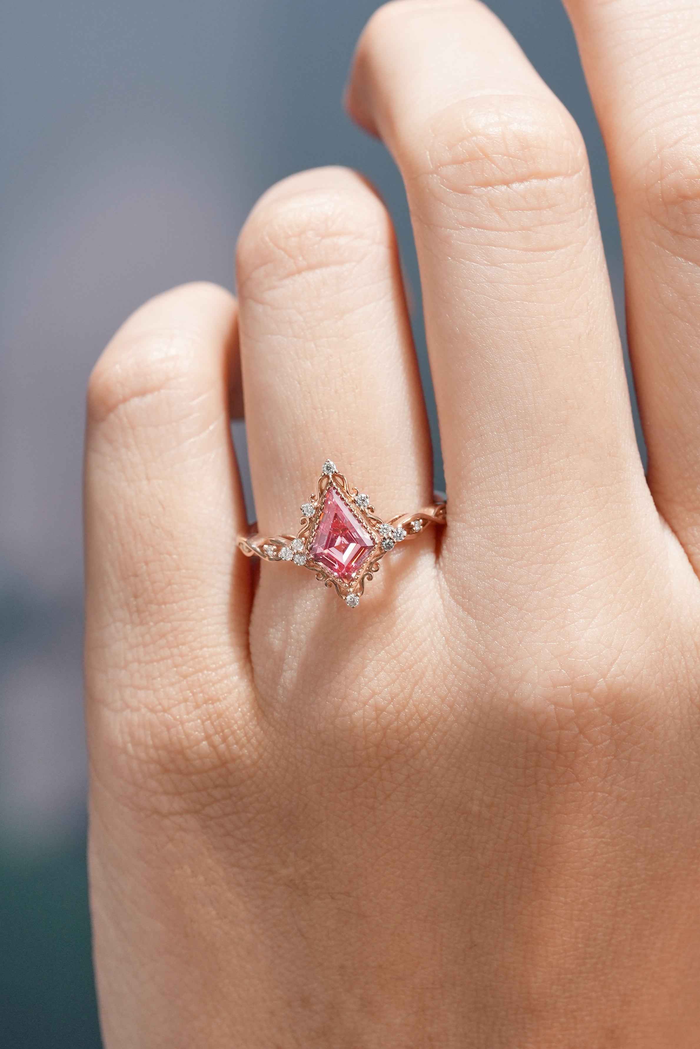 Vintage Kite Shaped Peach Sapphire Engagement Ring Solid Gold Ring