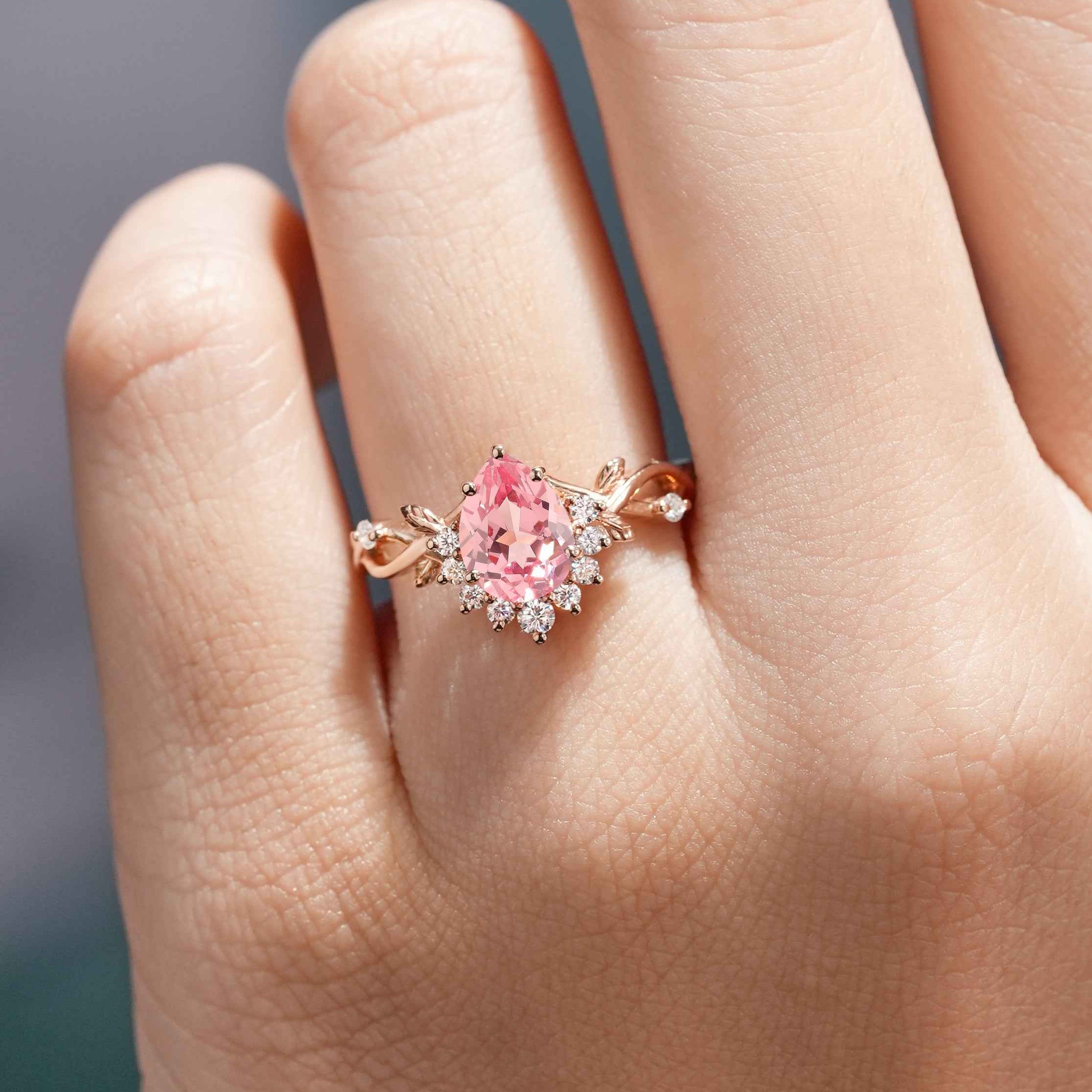 Nature Leaf Ring Pear Cut Pink Sapphire Engagement Ring