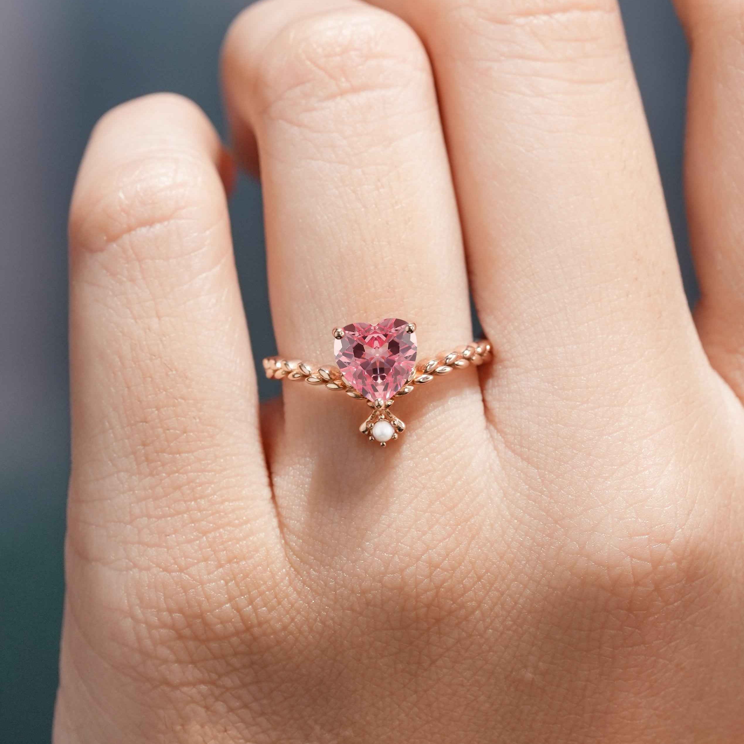Unique Heart Shaped Pink Sapphire Engagement Ring Pearl Twist Ring