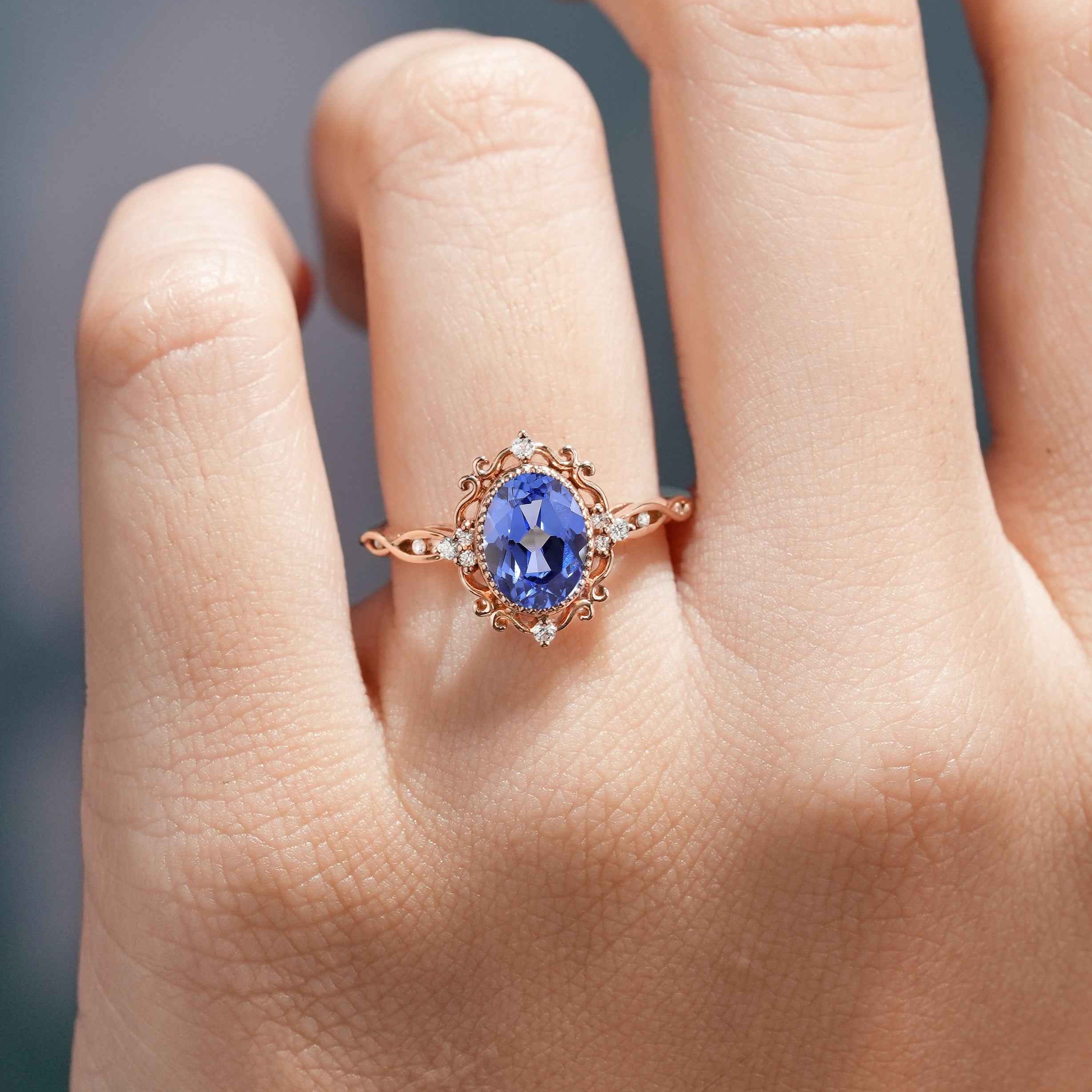 Vintage Oval Cut Lab Blue Sapphire Engagement Ring