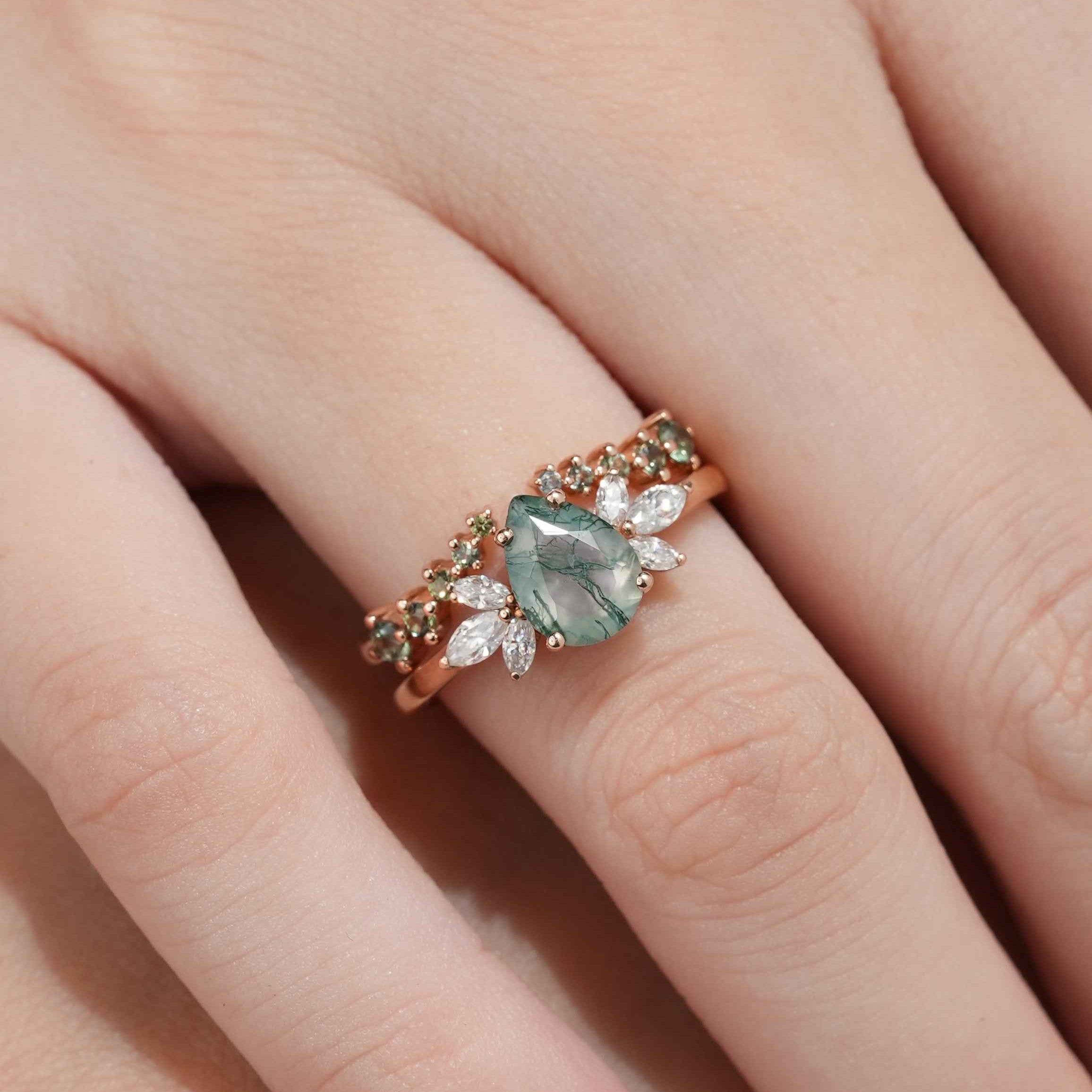 Moss Agate Engagement Ring Set Green Sapphire Open Wedding Band 2pcs