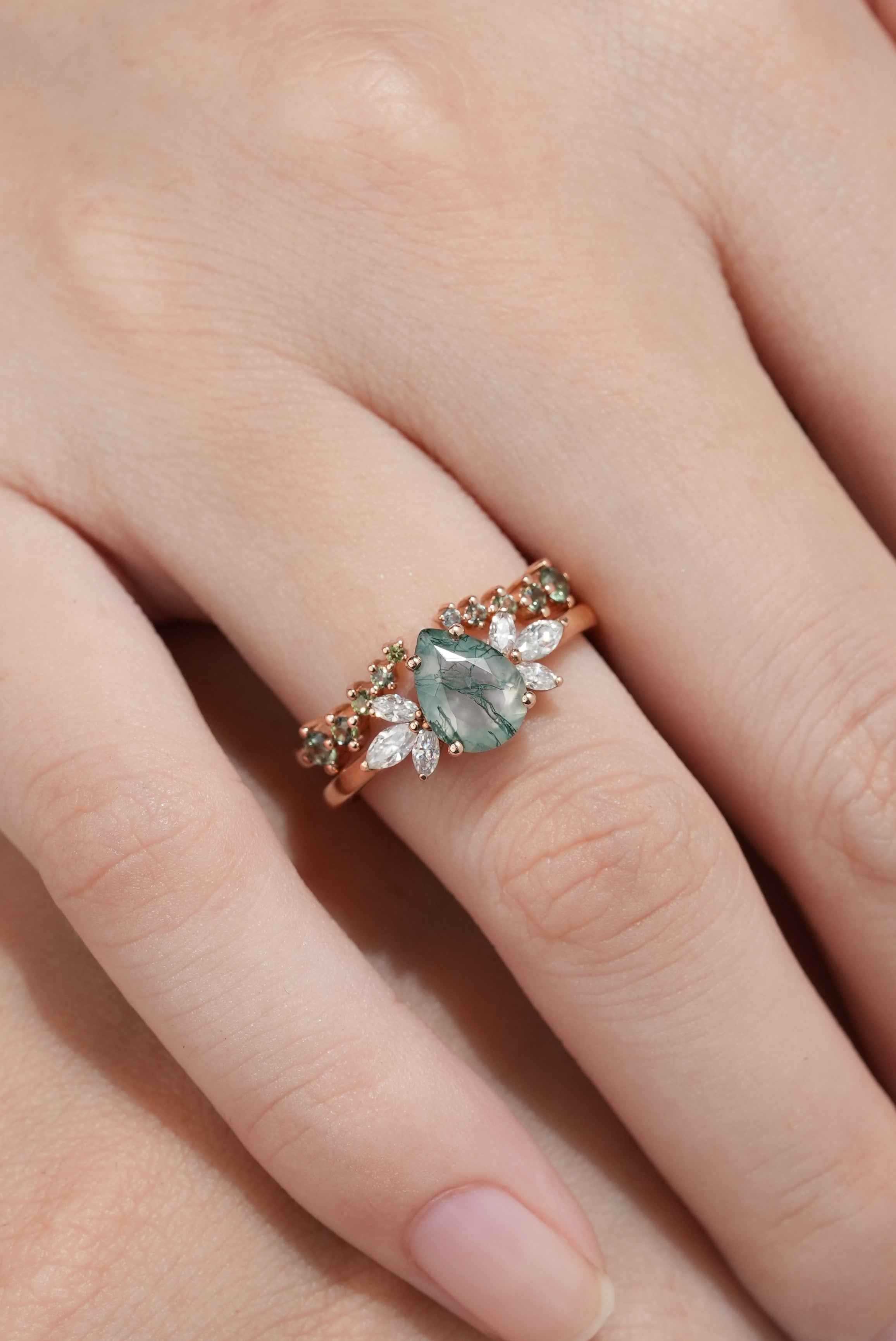 Moss Agate Engagement Ring Set Green Sapphire Open Wedding Band 2pcs