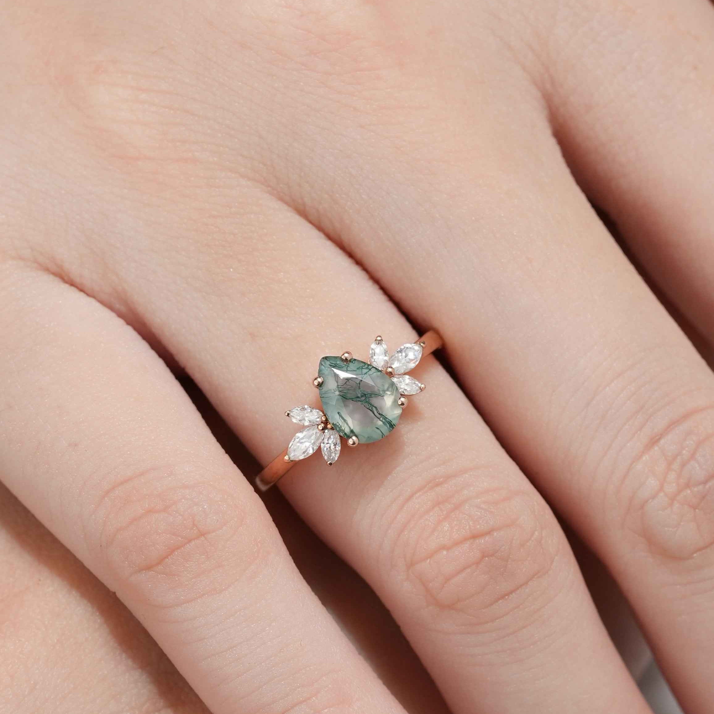 Unique Pear Cut Moss Agate Engagement Ring For Women