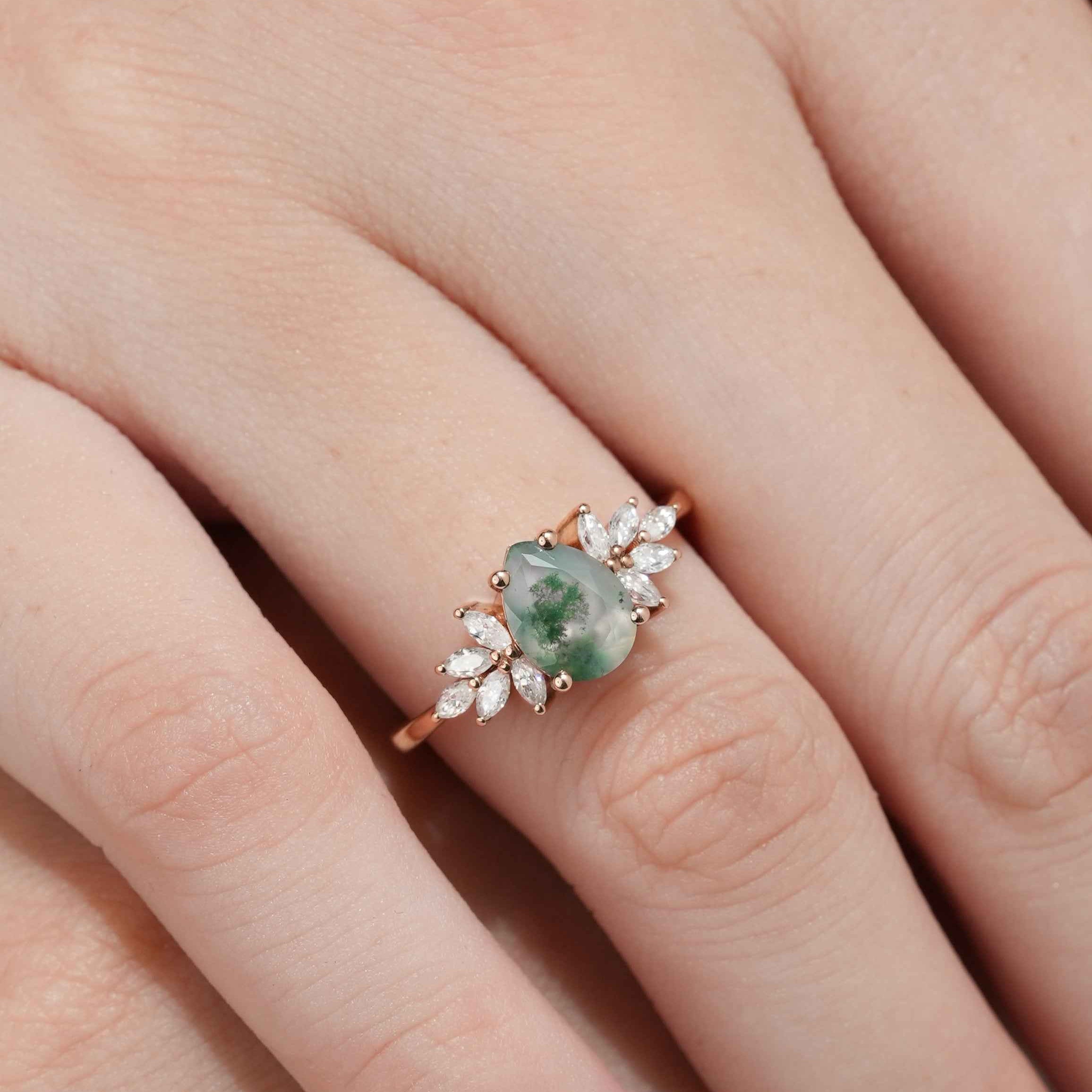 Unique Moss Agate Engagement Ring Marquise Moissanite Cluster Wedding Ring