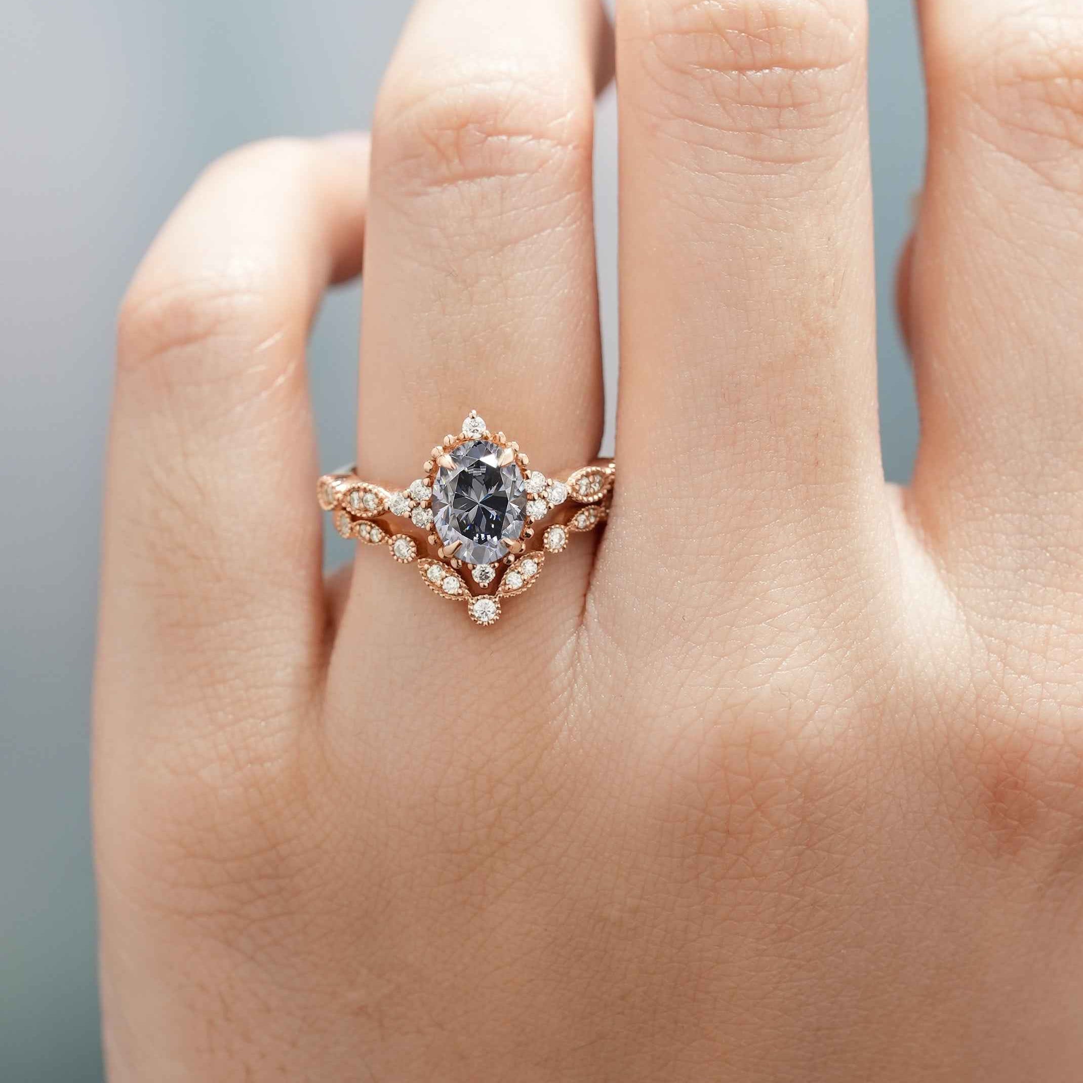 Oval Black Moissanite Engagement Ring Set Chevron Moissanite Wedding Band