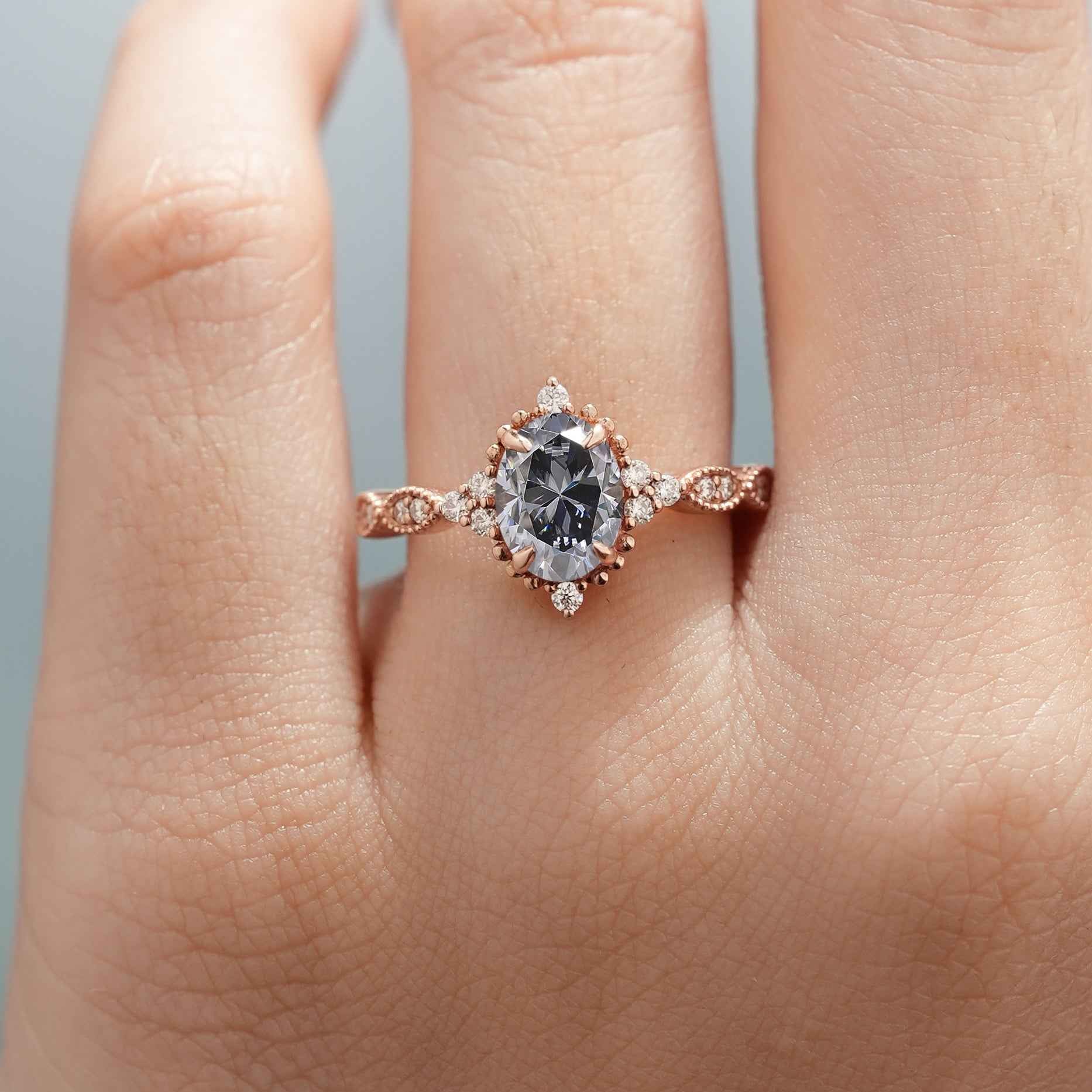 Vintage Oval Cut Black Moissanite Engagement Ring Rose Gold
