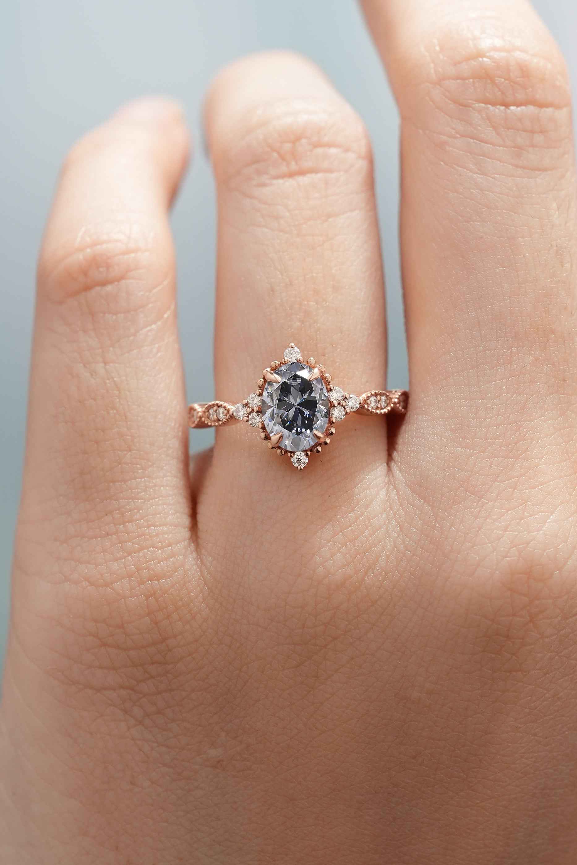 Vintage Oval Cut Black Moissanite Engagement Ring Rose Gold